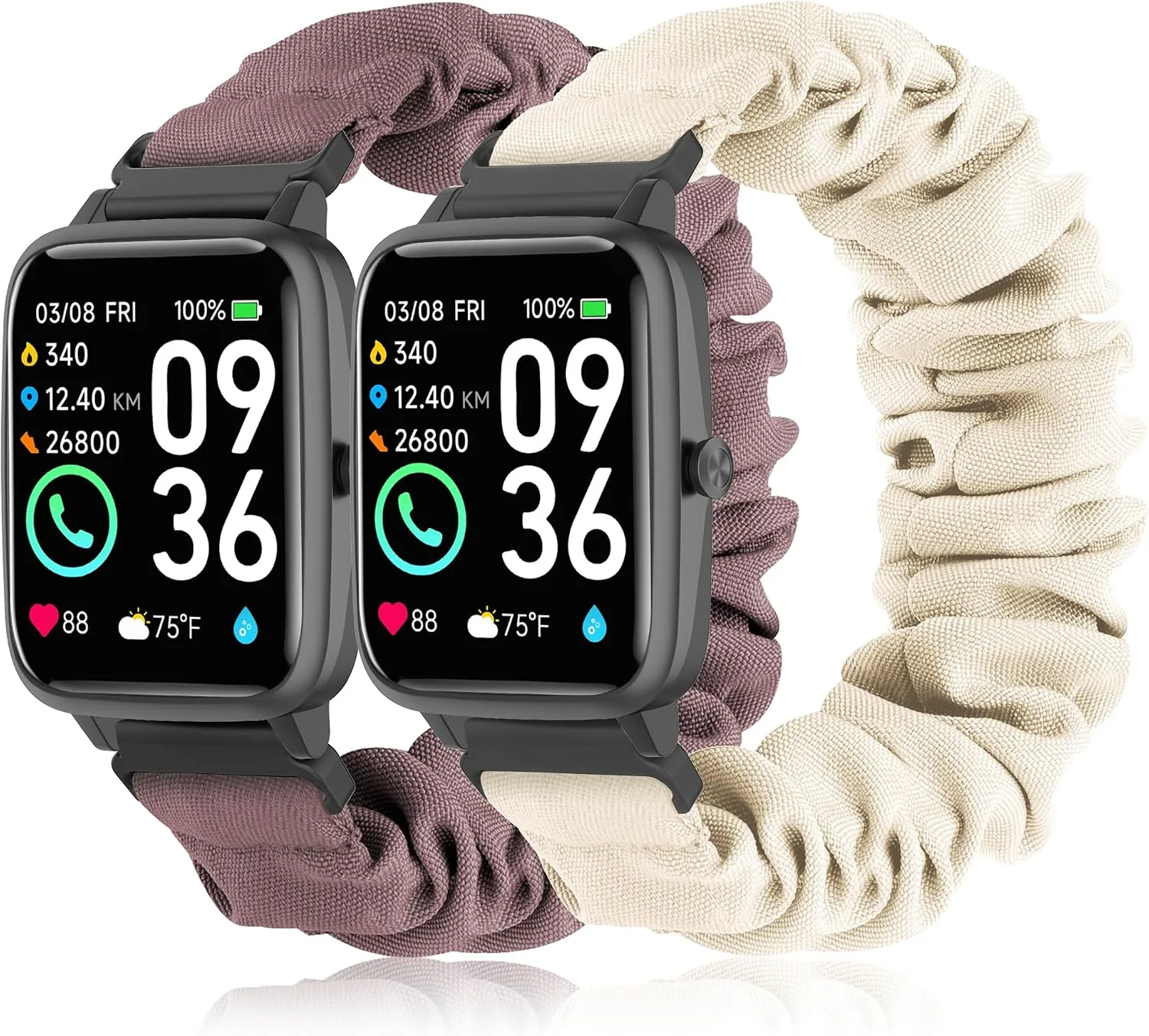 Sunnyson 22mm Bands for Veryfit IDW13/IDW16/IDW19/IDW26/IDW28 Smartwatch，2 Pack Elastic Fabric Scrunchie Straps for Fitvii H57/H56/Fitpolo/Toobur id208 Plus Women