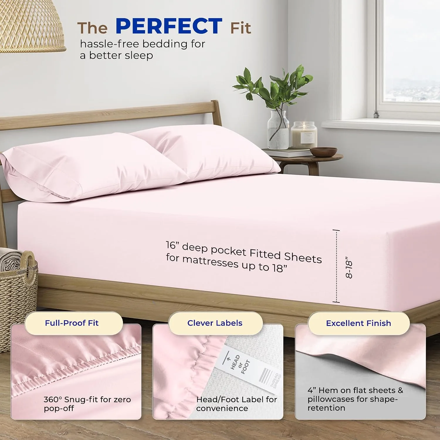 THREAD SPREAD Egyptian Cotton Sheets King Size - Luxury 600 Series King Size Sheets Set (4 PC, Blush), 16" Deep Pocket All Around Elastic, Soft, Cooling, Sateen Weave, Durable Hotel Bed Sheet Sets