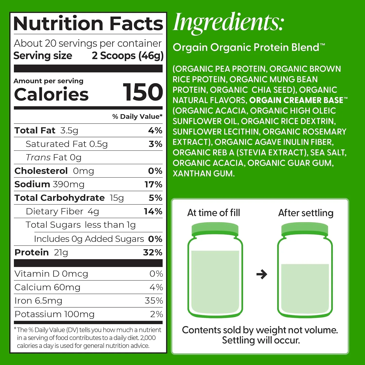 Orgain Organic Vegan 21g Protein Powder, Vanilla Bean, 2.03 lb