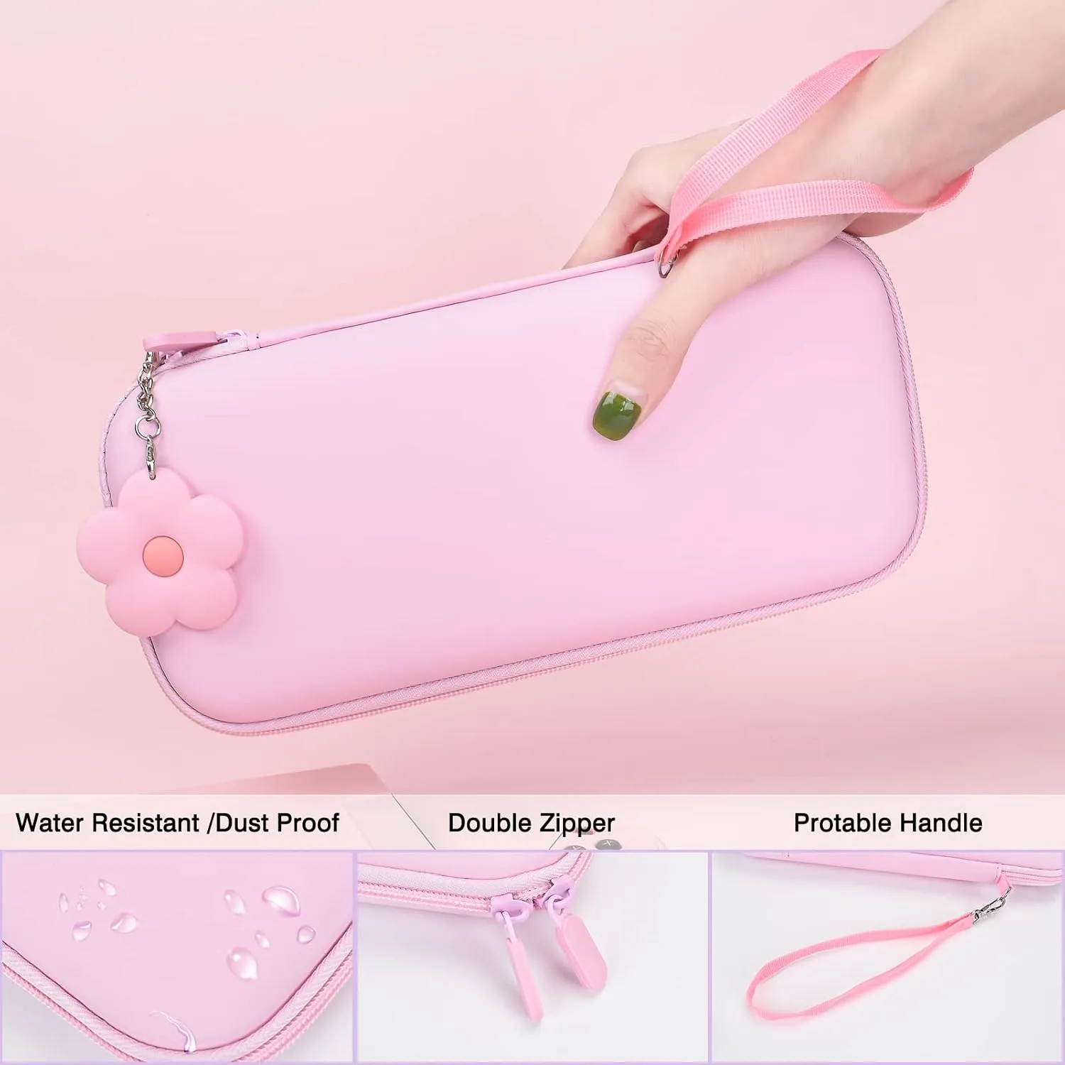 DLseego Pink Switch Case Set Carrying Case with 10 Slots Cute Protective Dockable Hard Shell with 4PCS Lovely Cat Paw Thumb Grips Caps and 1PC Flower Blossom Chain for Switch 2017 Version