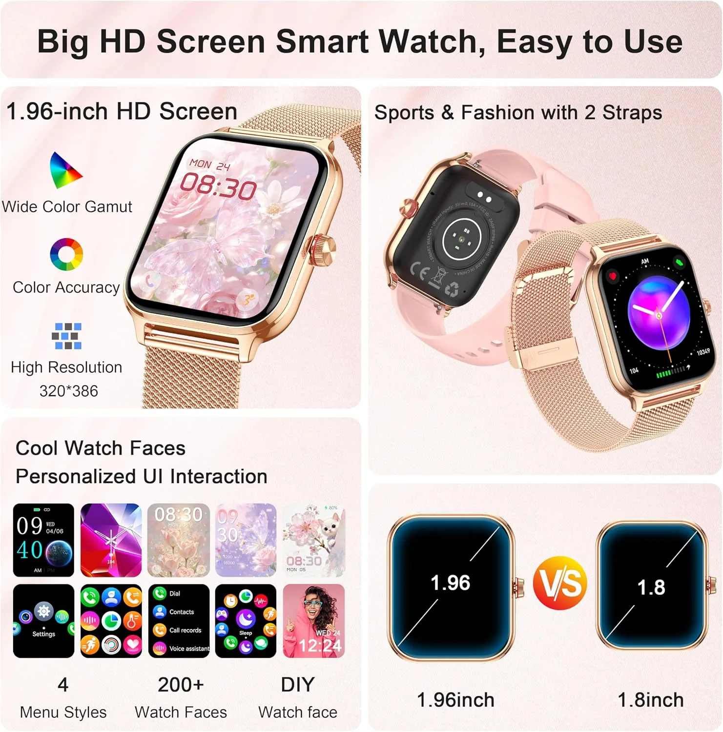 Smart Watch Women Men, Answer/Make Call, 1.96'' Fitness Tracker with Blood Pressure, HR, Sleep Monitor, 110+ Sport Modes Reloj Inteligente para Mujer Smartwatch Compatible with iPhone/Samsung/Android