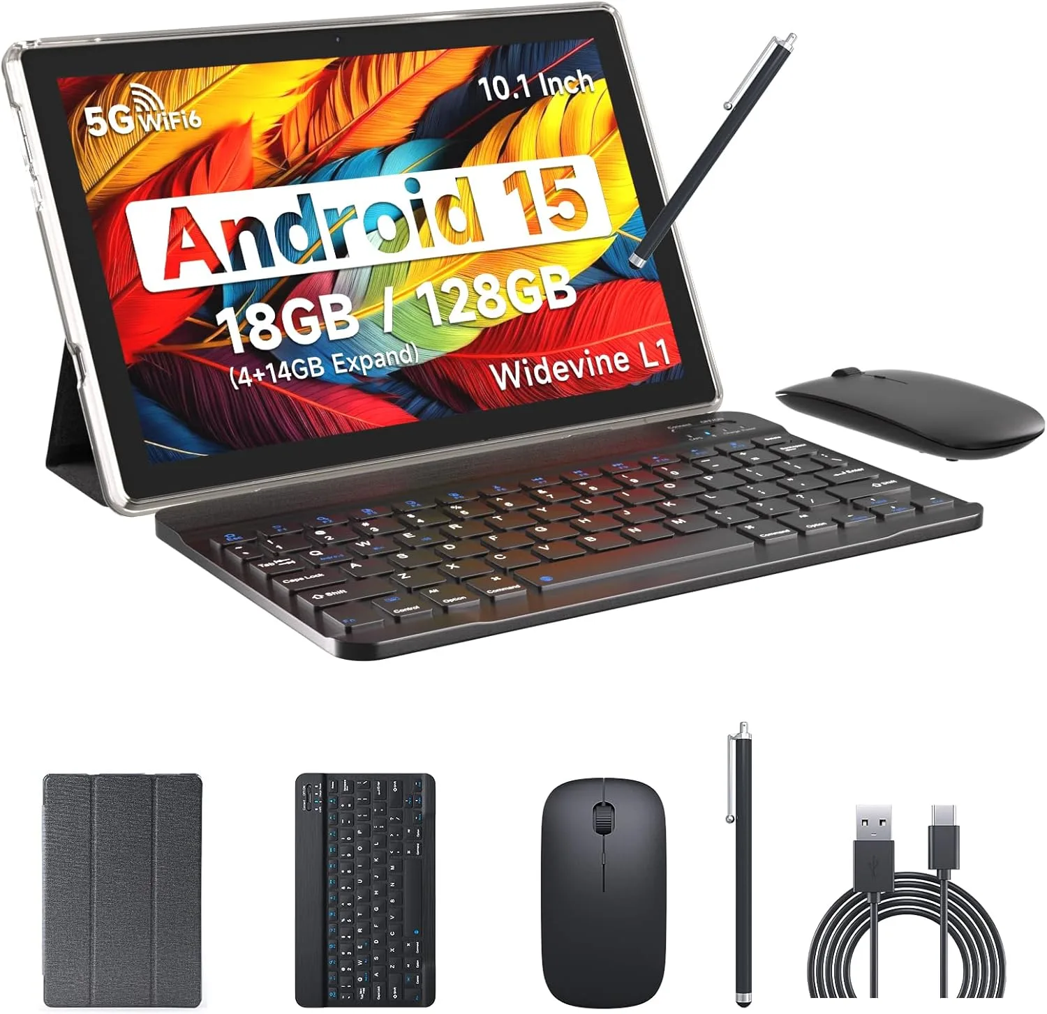 IWEGGO Android 15 Tablet, 10 Inch 18GB RAM+128GB ROM/ 2TB Expandable Tablet, 2.0GHz Quad-core Processor, 1280*800 HD Touch Screen, 5G WiFi6 BT 5.0, 2 in 1 Tablets with Keyboard Case Mouse Stylus Black