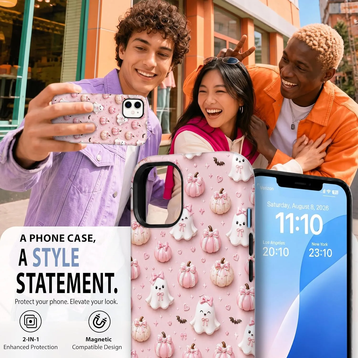 Magnetic for iPhone 11 Phone Case, Pastel Pink Ghost Halloween