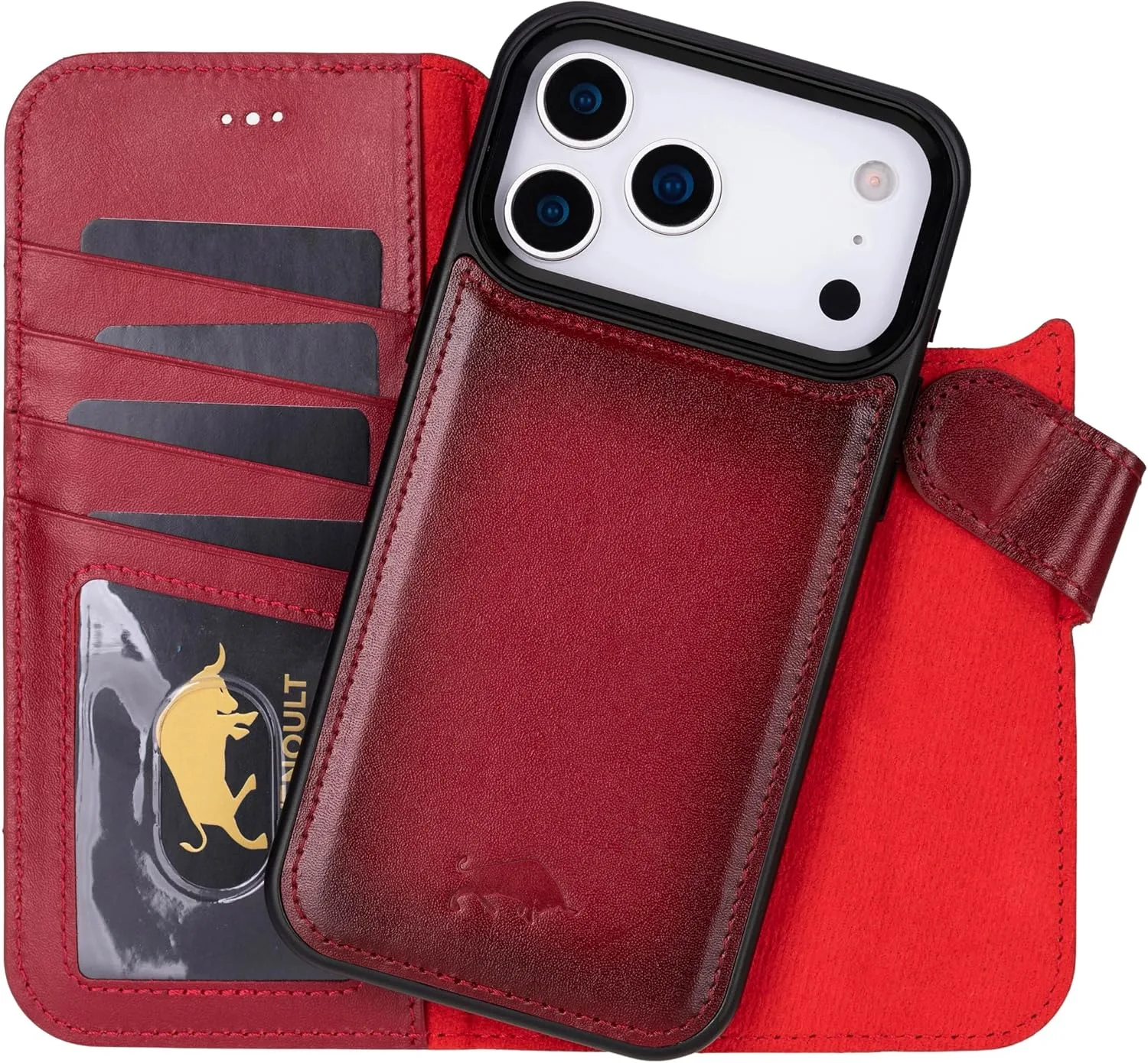 VENOULT Wallet Case for iPhone, Full Grain Genuine Turkish Leather, Magnetic Detachable, RFID 4 Card Slots, Business Style, Compatible with MagSafe (Cranberry, iPhone 17 Pro)