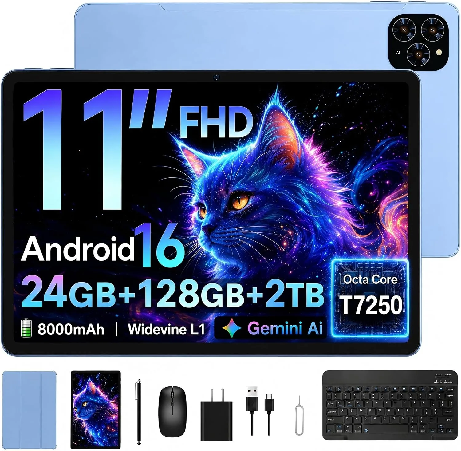 TABWEE Tablet, 11 Inch 2K Android 16 Tablets with Keyboard 24GB+128GB ROM