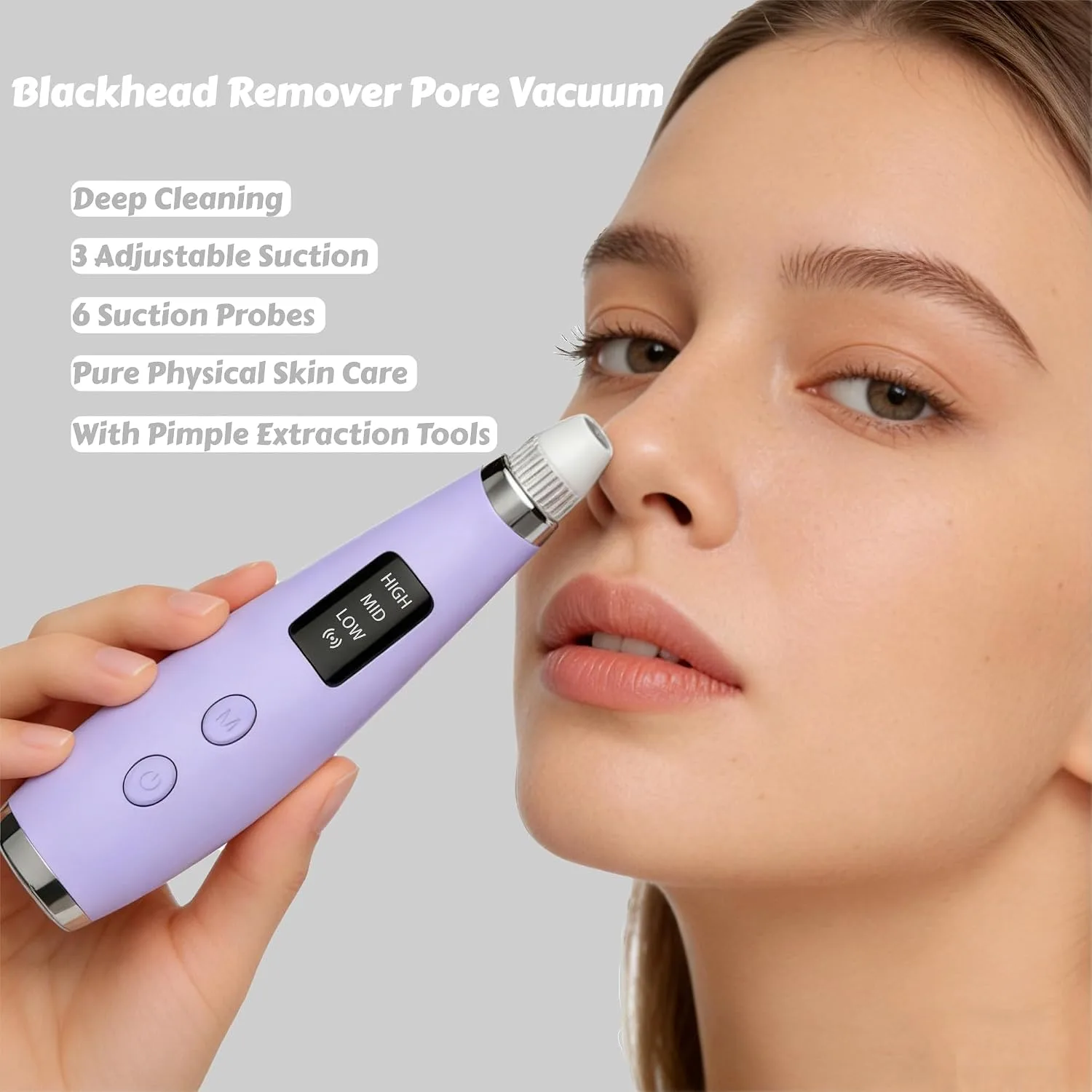Pore Vacuum for Face & Nose - Blackhead Remover with 3 Adjustable Suction Levels, 6 Interchangeable Probes, USB-C Rechargeable, Portable Pimple Extractor Kit for Whitehead Removal (Purple)