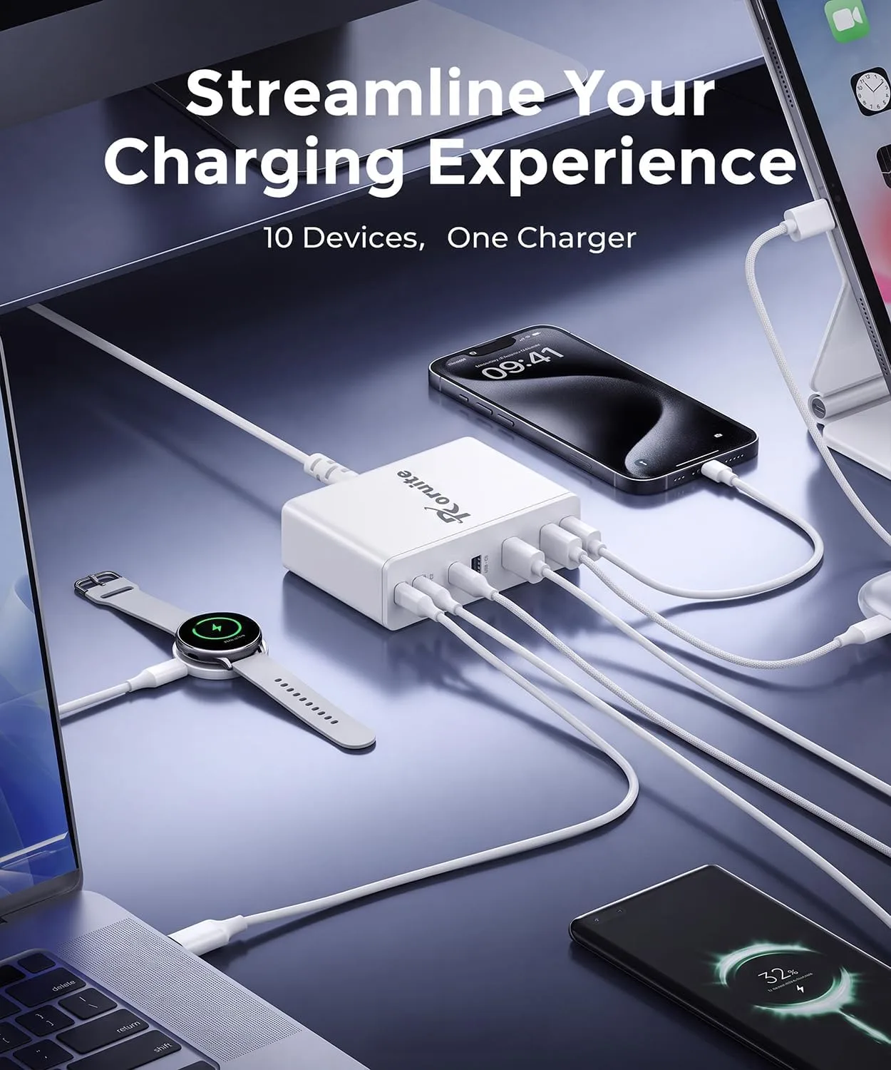 USB C Charging Station 10 Port with 4 Cables,245W GaN Charger Block
