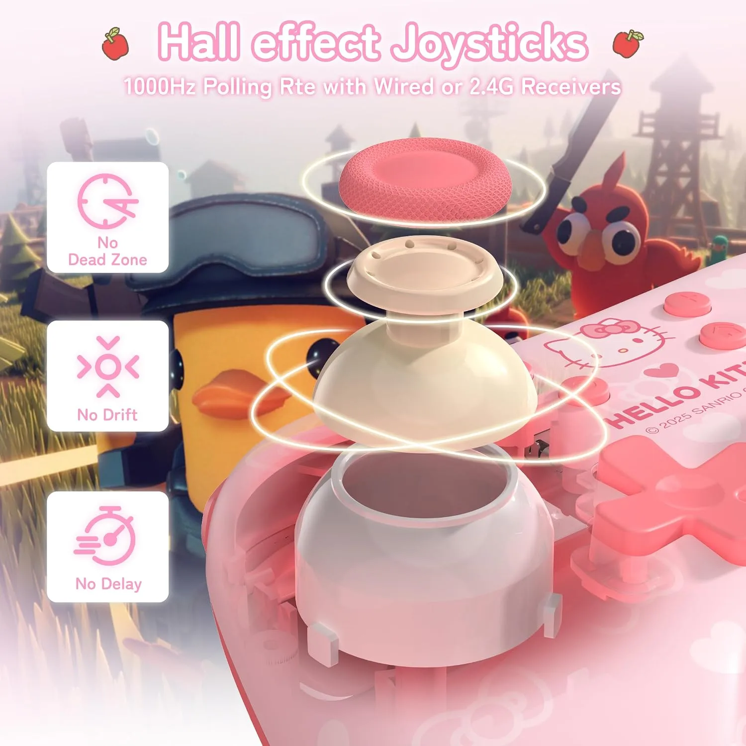 Kuitmor Hello Kitty Switch Pro Controller, Cute Hall Effect Wireless Gamepad No Drift for Switch 2/Switch/OLED/Lite, PC/Steam, Android, iOS, Bluetooth + Wired, Turbo, Back Buttons,6-Aixs Gyro, Wake-up, RGB (Pink, Without 2.4g Receiver)