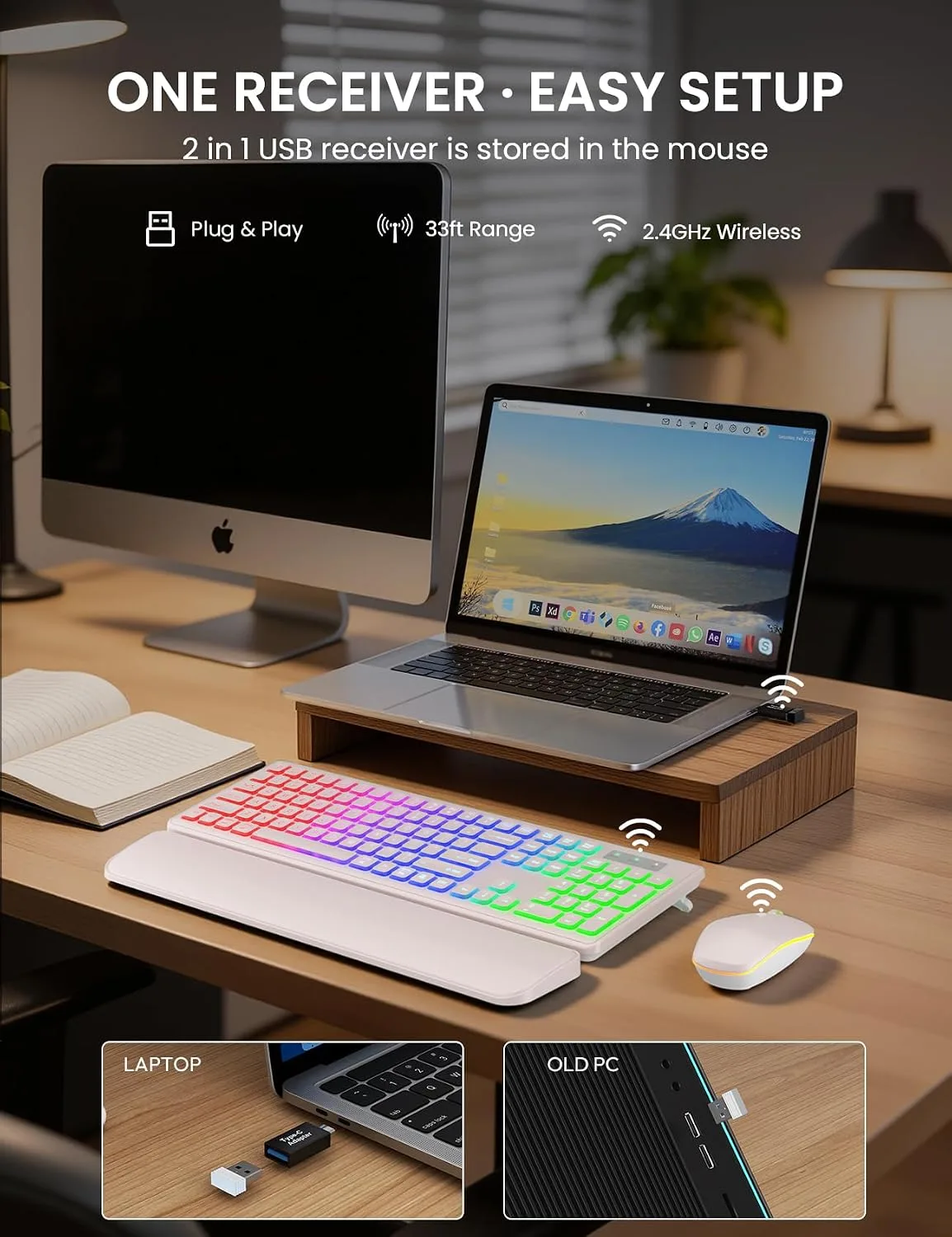 Wireless Keyboard and Mouse Combo, RGB Backlit, Wirst Rest, Rechargeable