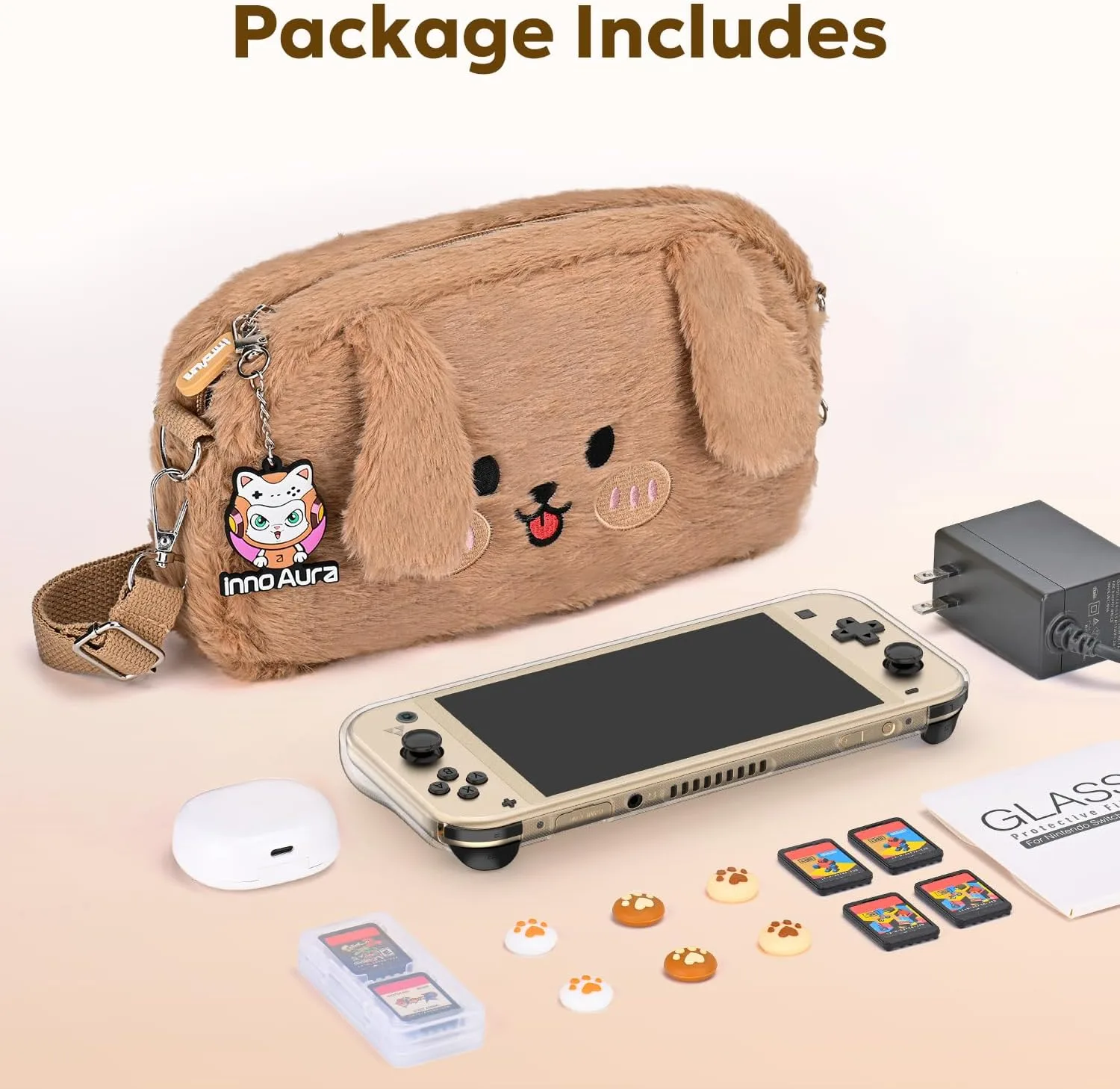 innoAura Switch Lite Case 14-in-1 Accessories Bundle for NS Switch Lite (2019), with Protective Carrying Case, Game Holder, Screen Protector & Cute Thumb Grips, Brown Dog Plush Bag