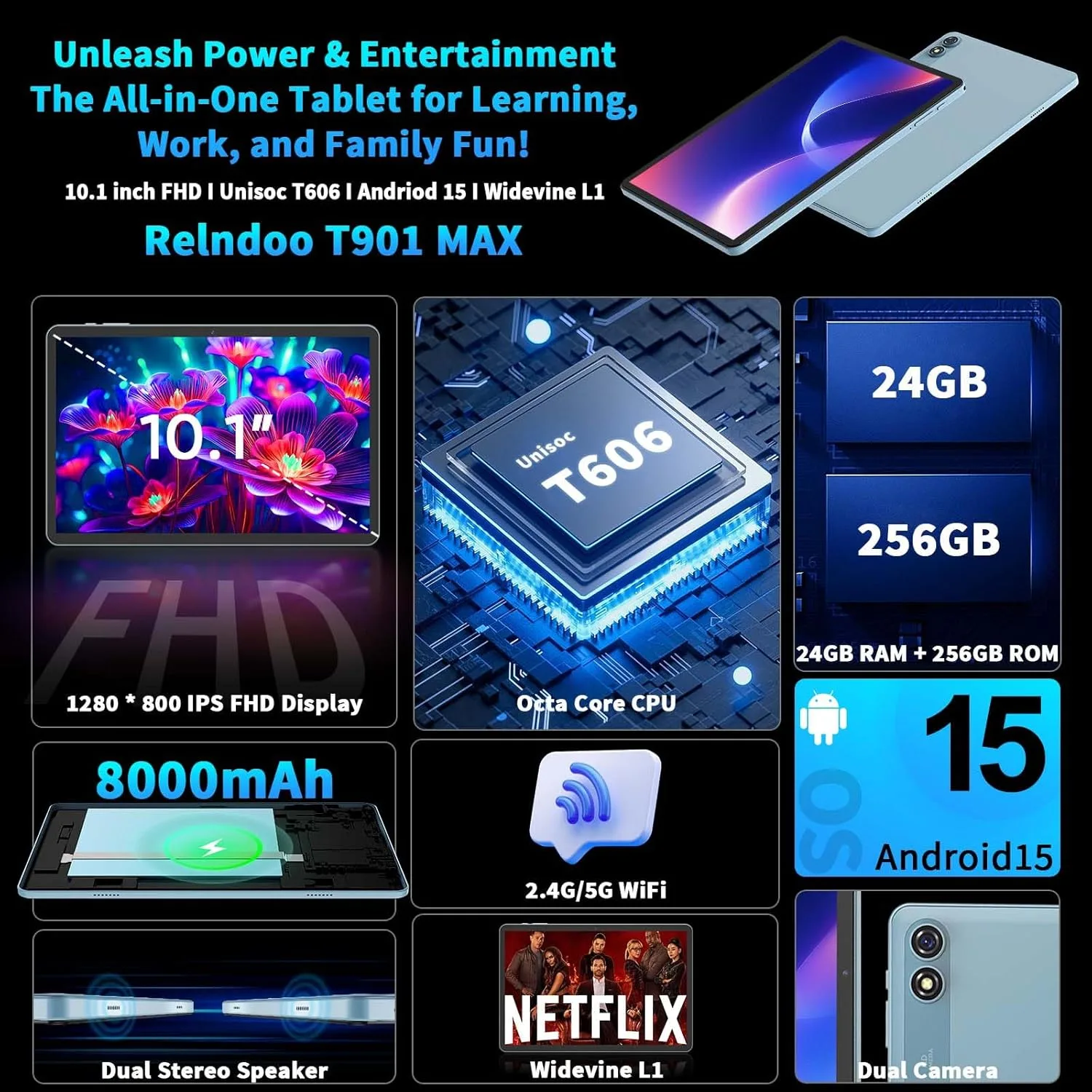 Android 15 Tablet 10 Inch, 2026 Tablet with Keyboard, 24GB+256GB+2TB Expand