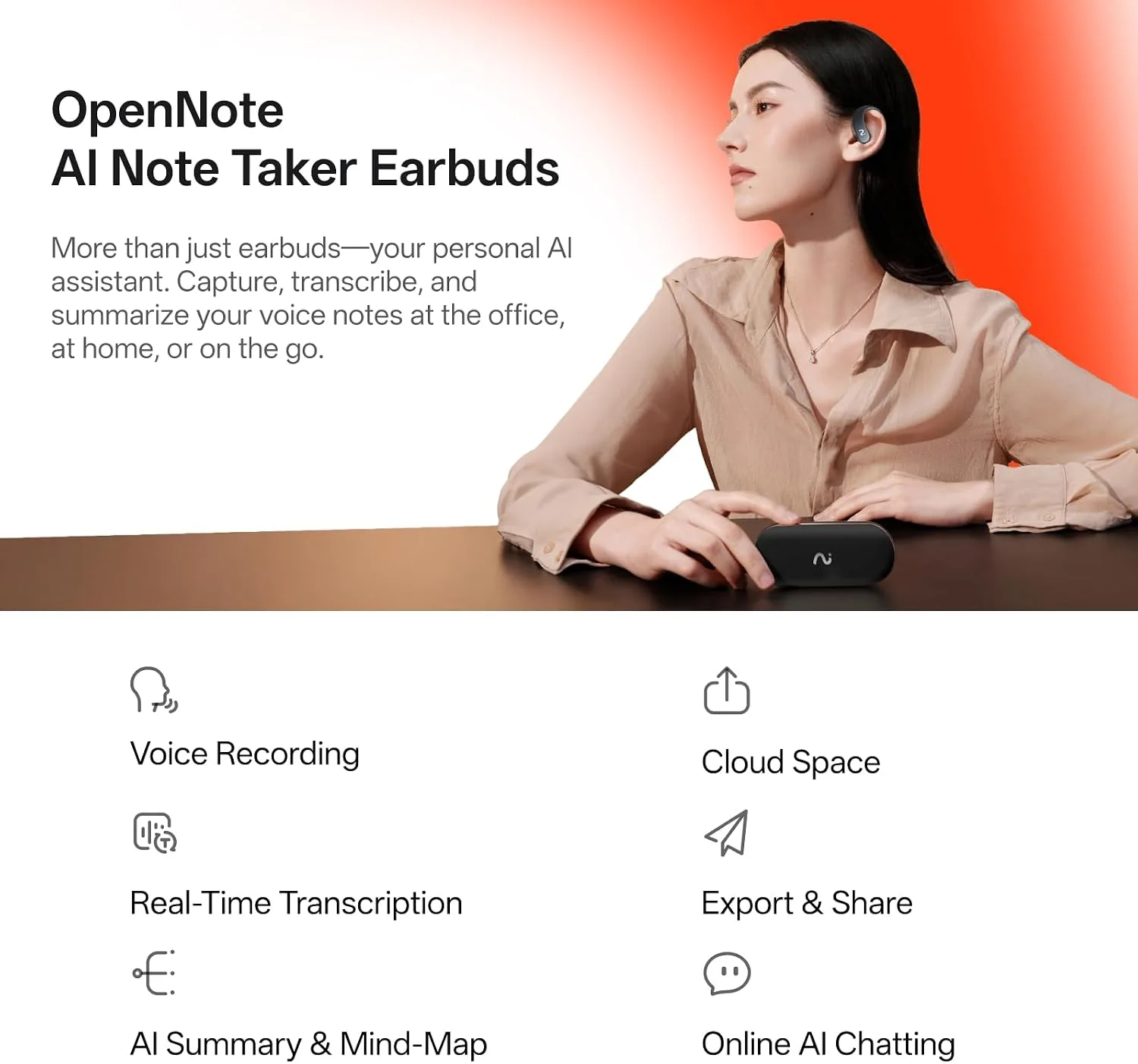 OpenNote Open-Ear AI Note Taker and Voice Recorder Earbuds