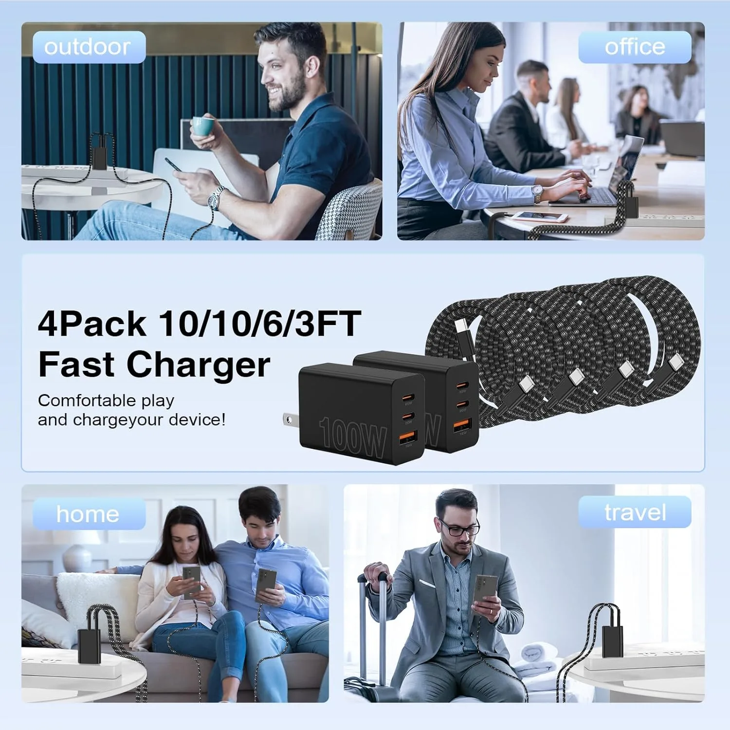 65W Super Fast Charger Type C for Samsung,3 Port 100W PD Quick Charging 3.0 USB C Block & 3/6/10/10FT Braided Type C Cord for Samsung Galaxy S26 Ultra/S26/S25 Ultra/iPhone 17 18 Pro/MacBook Pro/Air