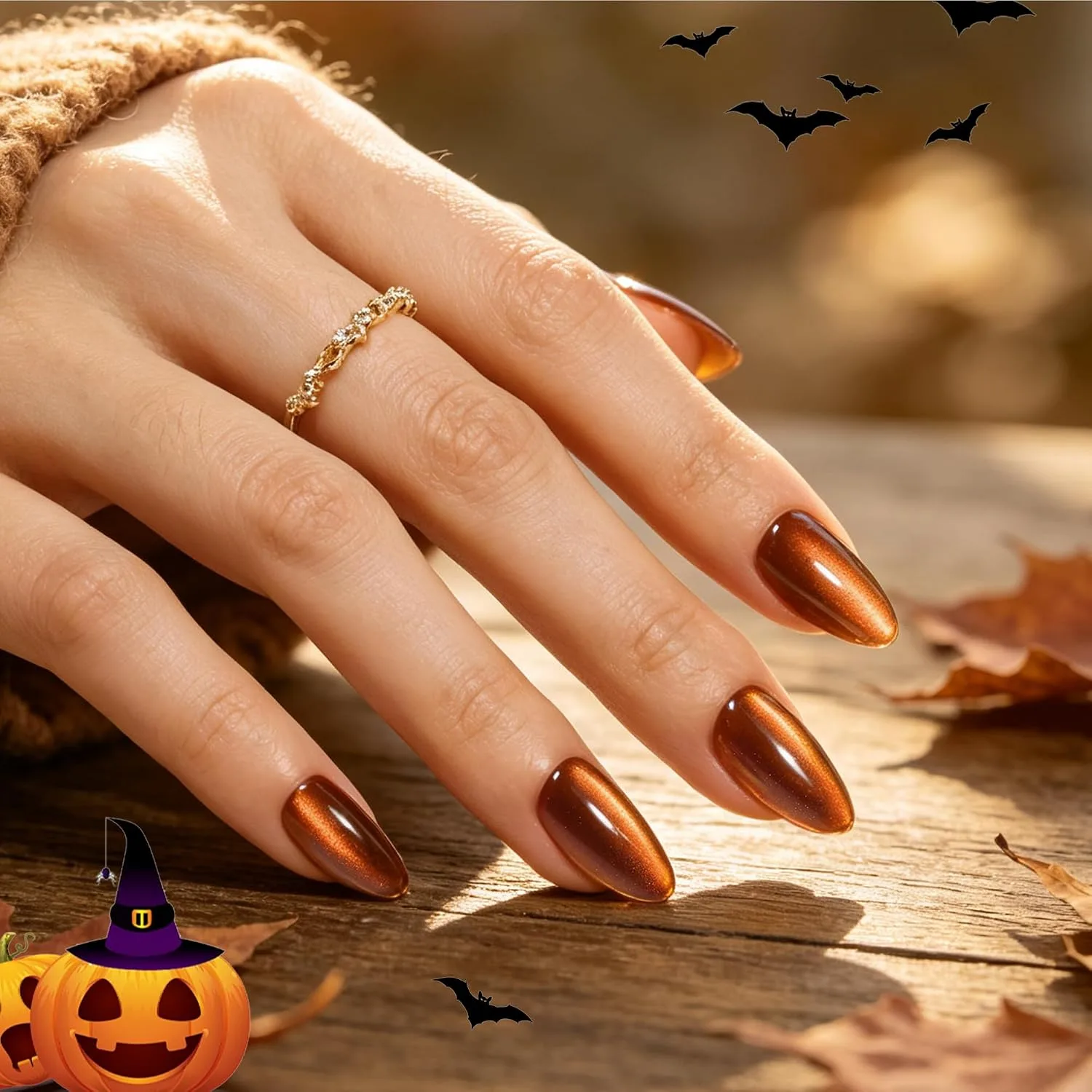 Beetles Halloween Press On Nails Short Almond, 32PCS, Cat Eye Pumpkin Spice