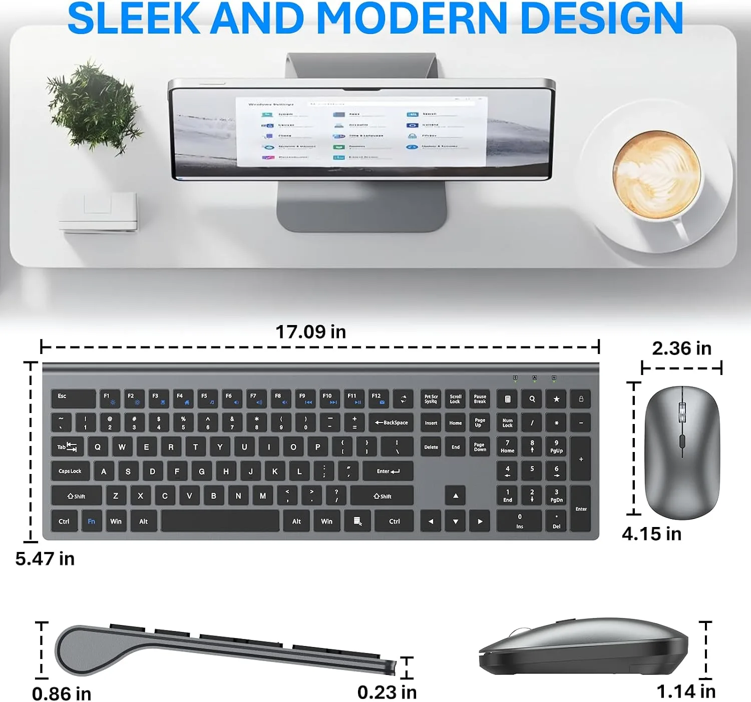 Wireless Keyboard and Mouse Combo, Ultra Slim Full Size Silent Keyboard
