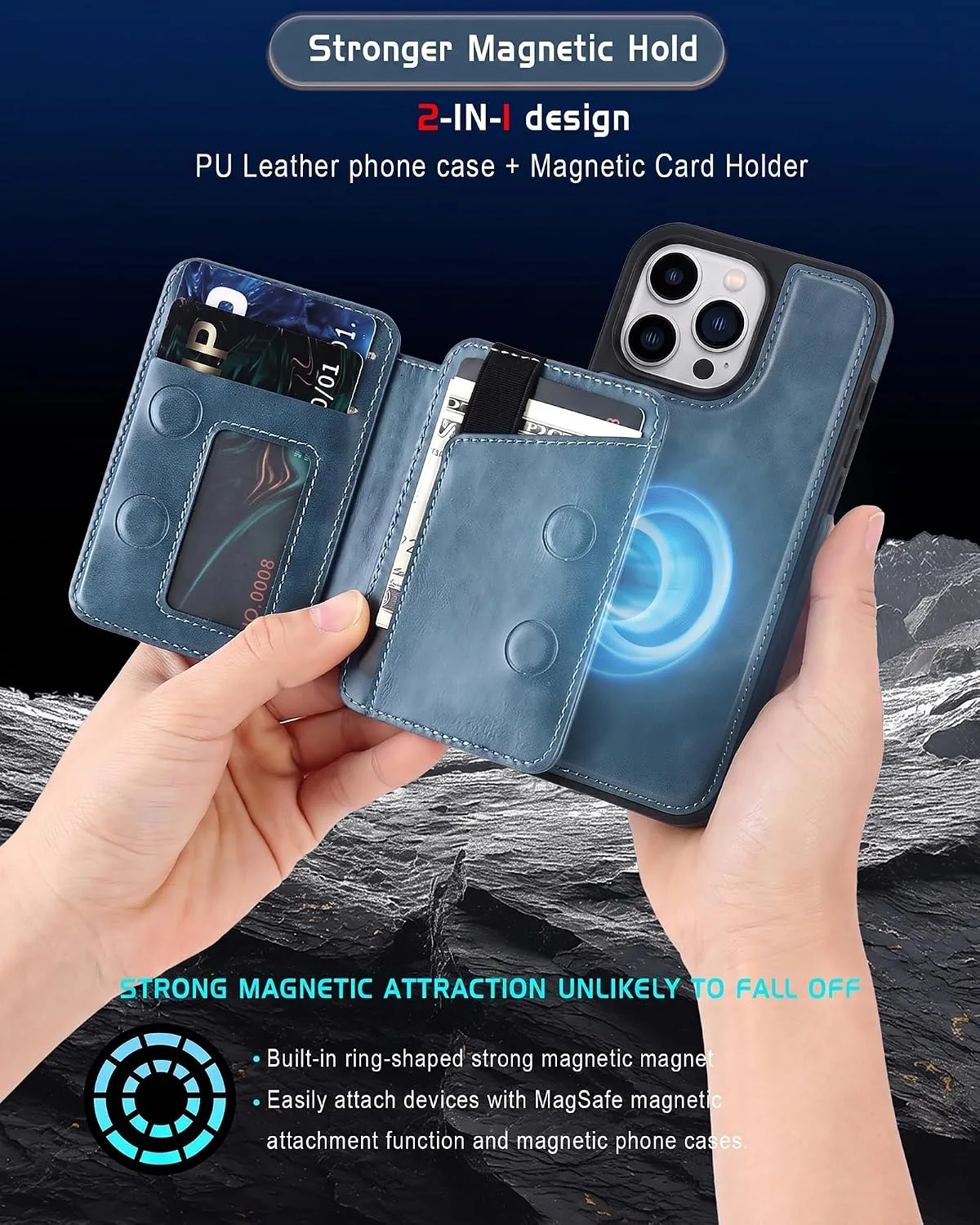 Magnetic Detachable Wallet Case for iPhone 16 Pro with Kickstand,2-in-1 MagSafe Compatible RFID Blocking Card Holder,Slim PU Leather Cover Blue