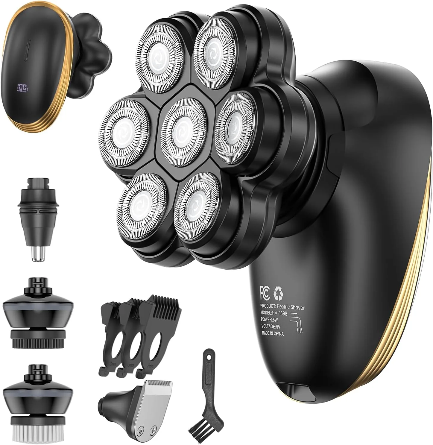 Head Shaver for Bald Men, Electric Shaver 7D Floating Magnetic Head Shaver, 5 in 1 Waterproof Electric Razor for Men IPX7 Wet Dry Beard Trimmer Type-C Fast Charge LED (Black)