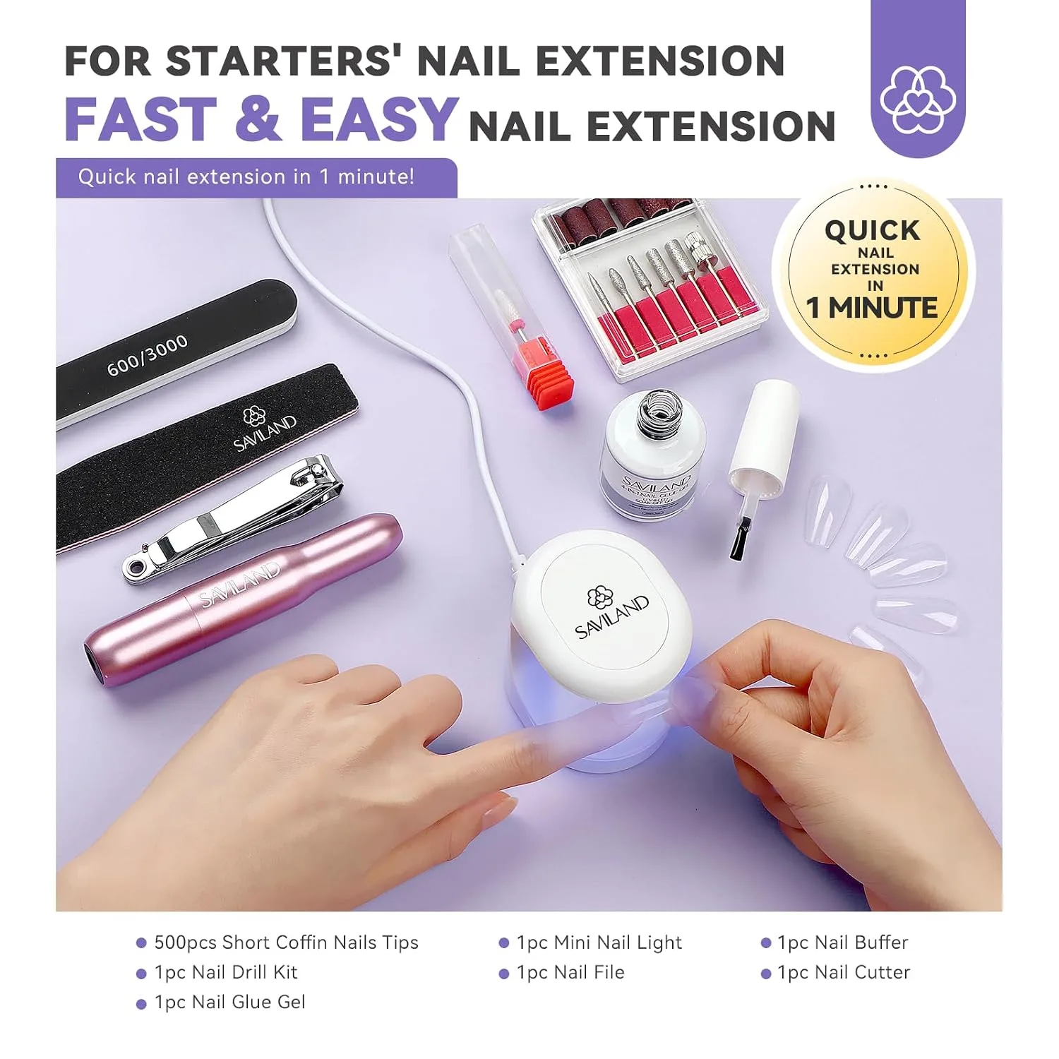 SAVILAND Short Coffin Gel Nail Extension Kit, 500 Tips, Drill and U V Lamp