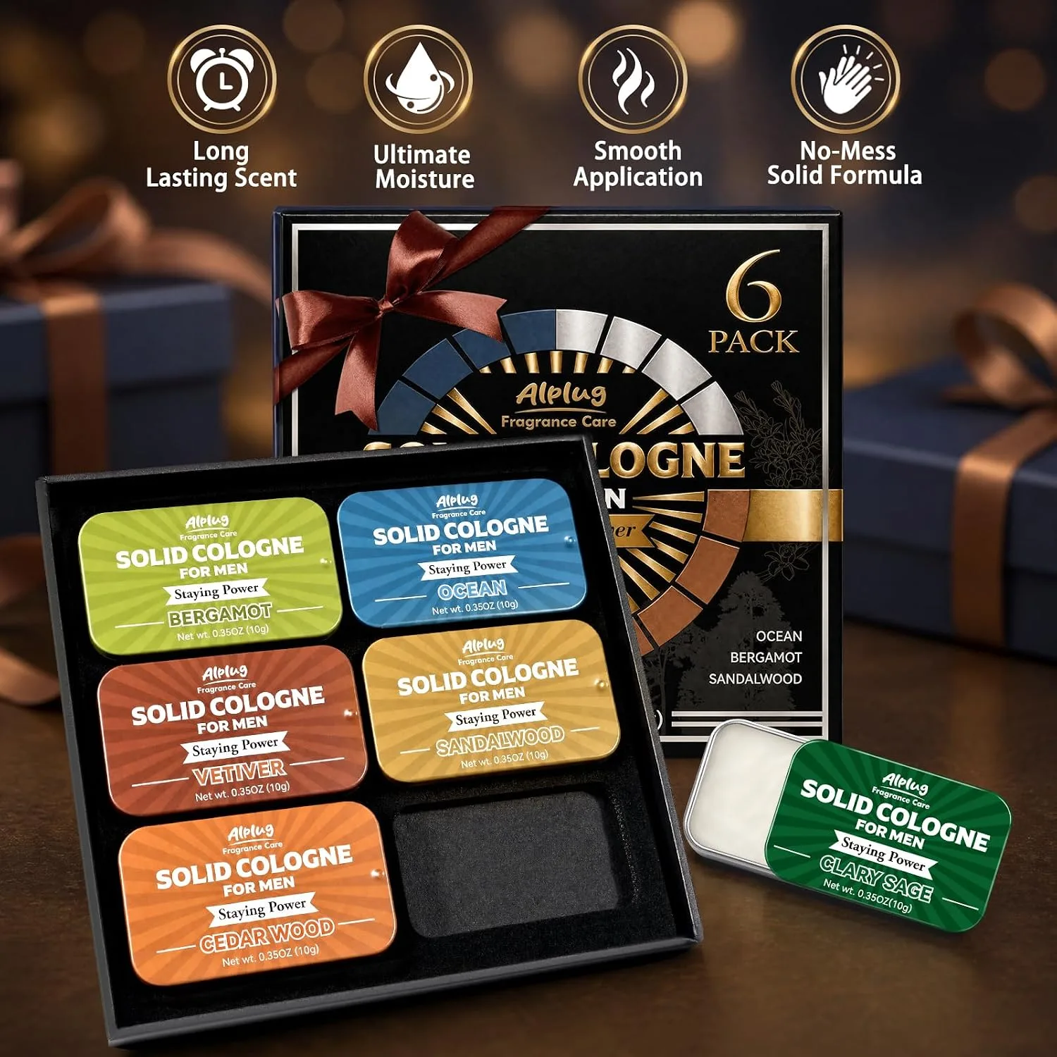 6 Pack Solid Cologne Gifts for Men, Mens Gifts Cologne with Cedar Wood, Bergamot, Sandalwood, Clary Sage, Vetiver, Ocean Perfume, Stocking Stuffers for Men, Christmas Gift for Dad Husband Boyfriend