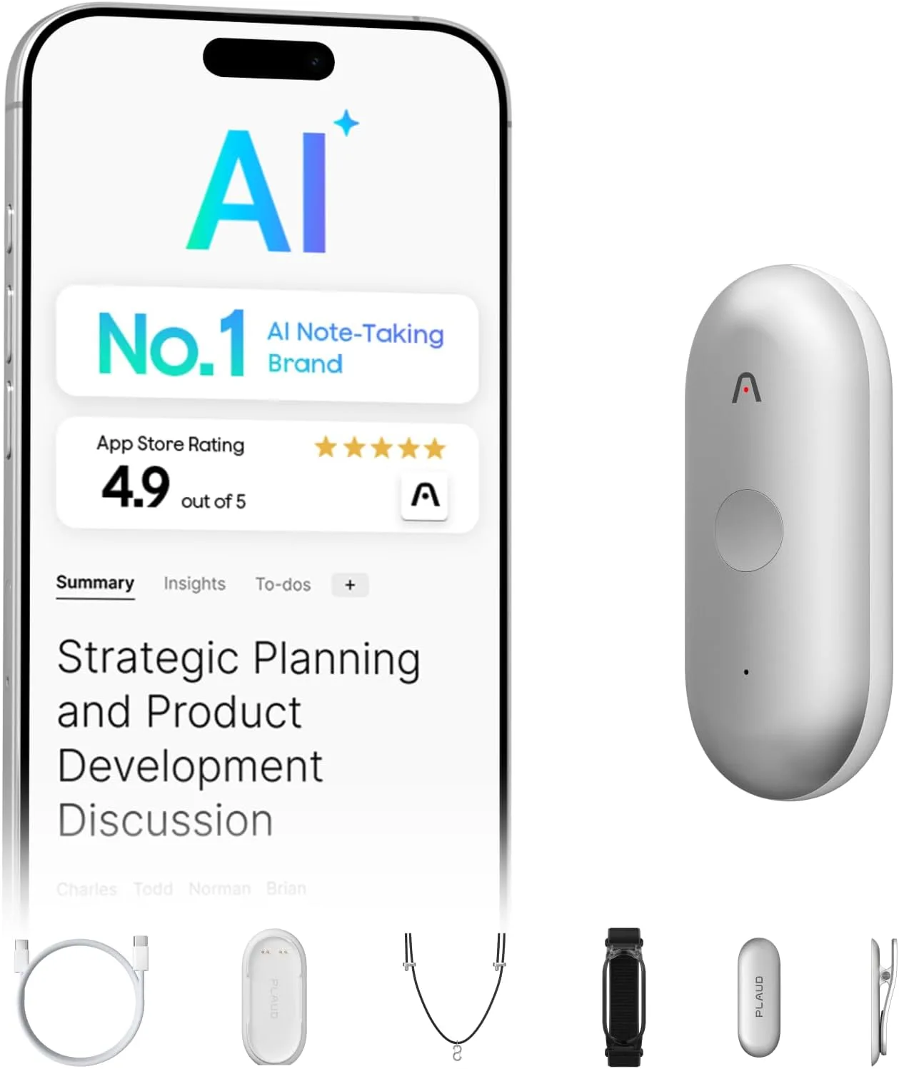 Plaud NotePin S Wearable AI Voice Recorder, Transcribe & Summarize, Silver