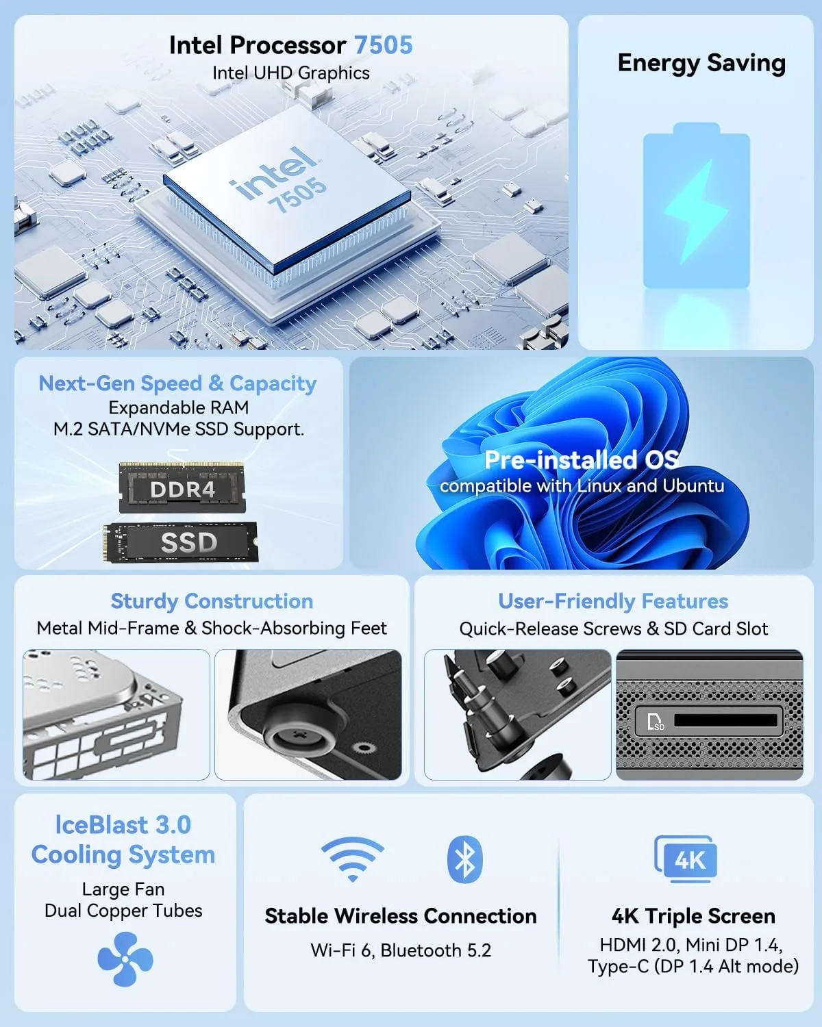 GEEKOM Air12 Budget Mini PC Office,Intel 7505,8GB RAM(64GB Max),256GB SSD