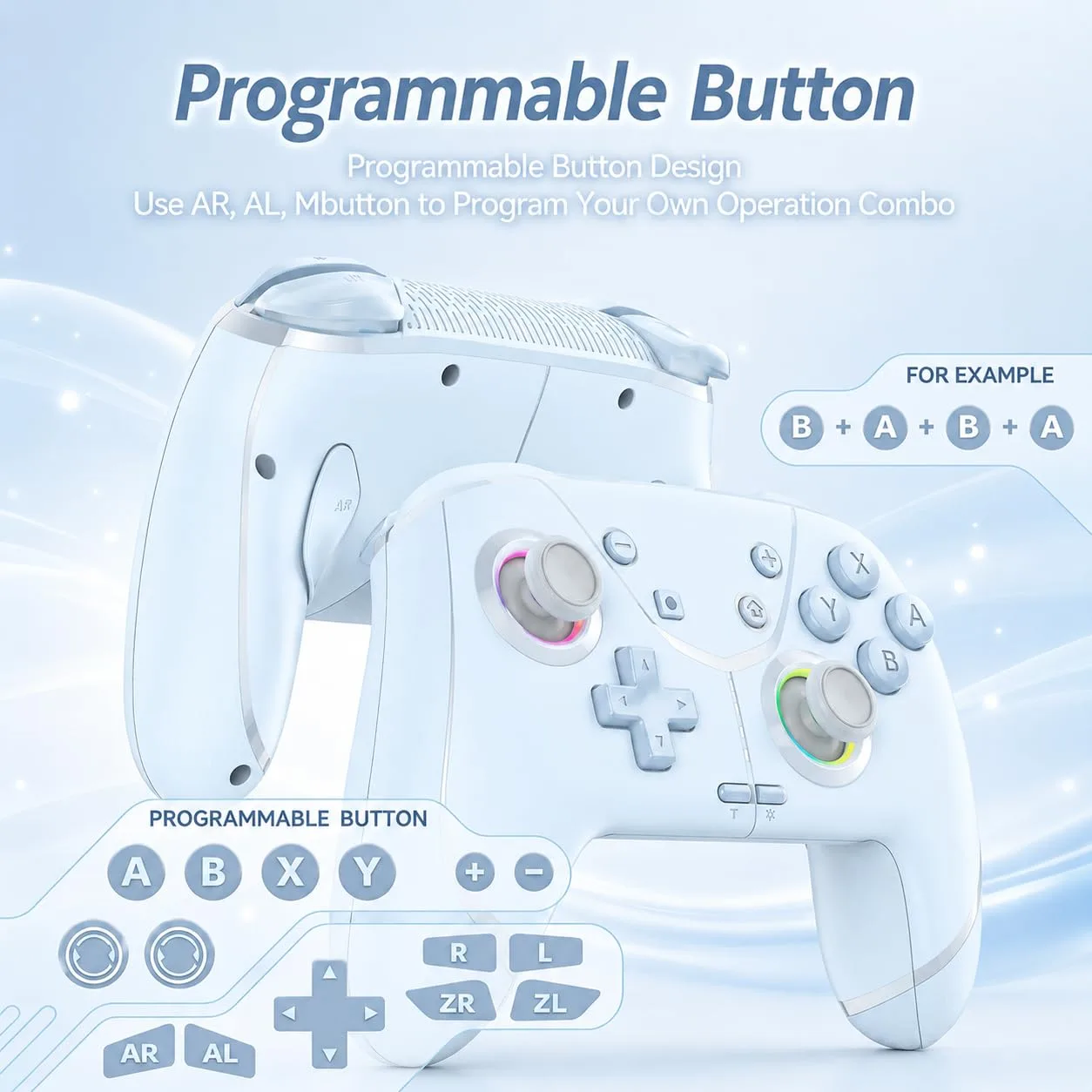 Switch Controller, Wireless Pro Controller for Nintendo Switch 2/Switch/Lite/OLED, Bluetooth controllers Compatible with iPhone/Mac/iPad/iOS/Android/Phone/PC/Steam and TV with Programming/RGB4/Vibration / 3 Turbo Modes/6-Axis/Motion (Blue)