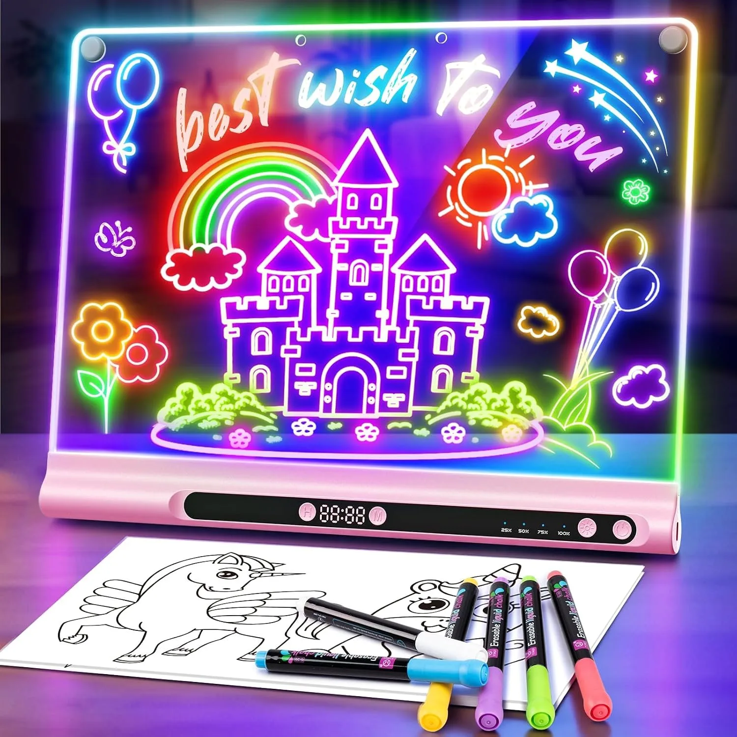 Geokay 16“ Rechargeable LED Drawing Board, 9-Color Light Modes with Timer
