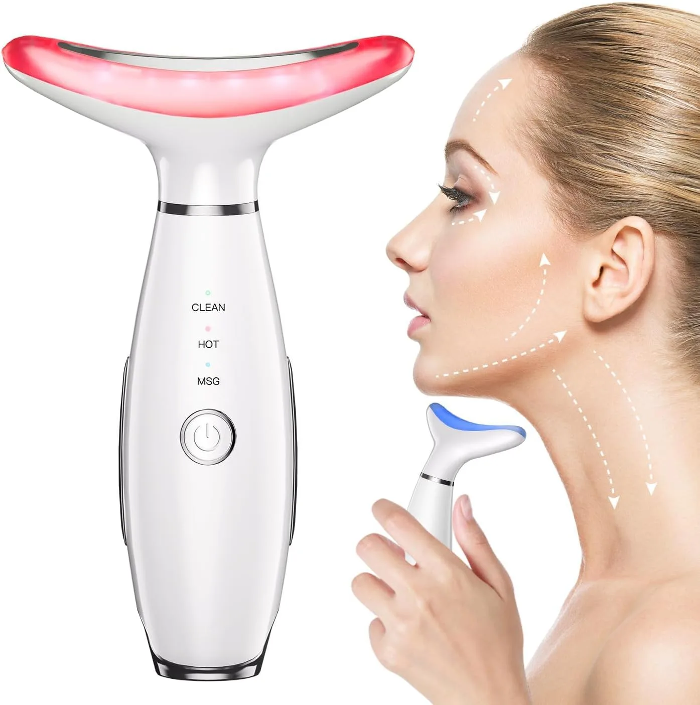 Face Massager -7 Color Red-Light-Therapy for Face and Neck for Wrinkles, Double Chin, Vibrating Facial Massage (White)