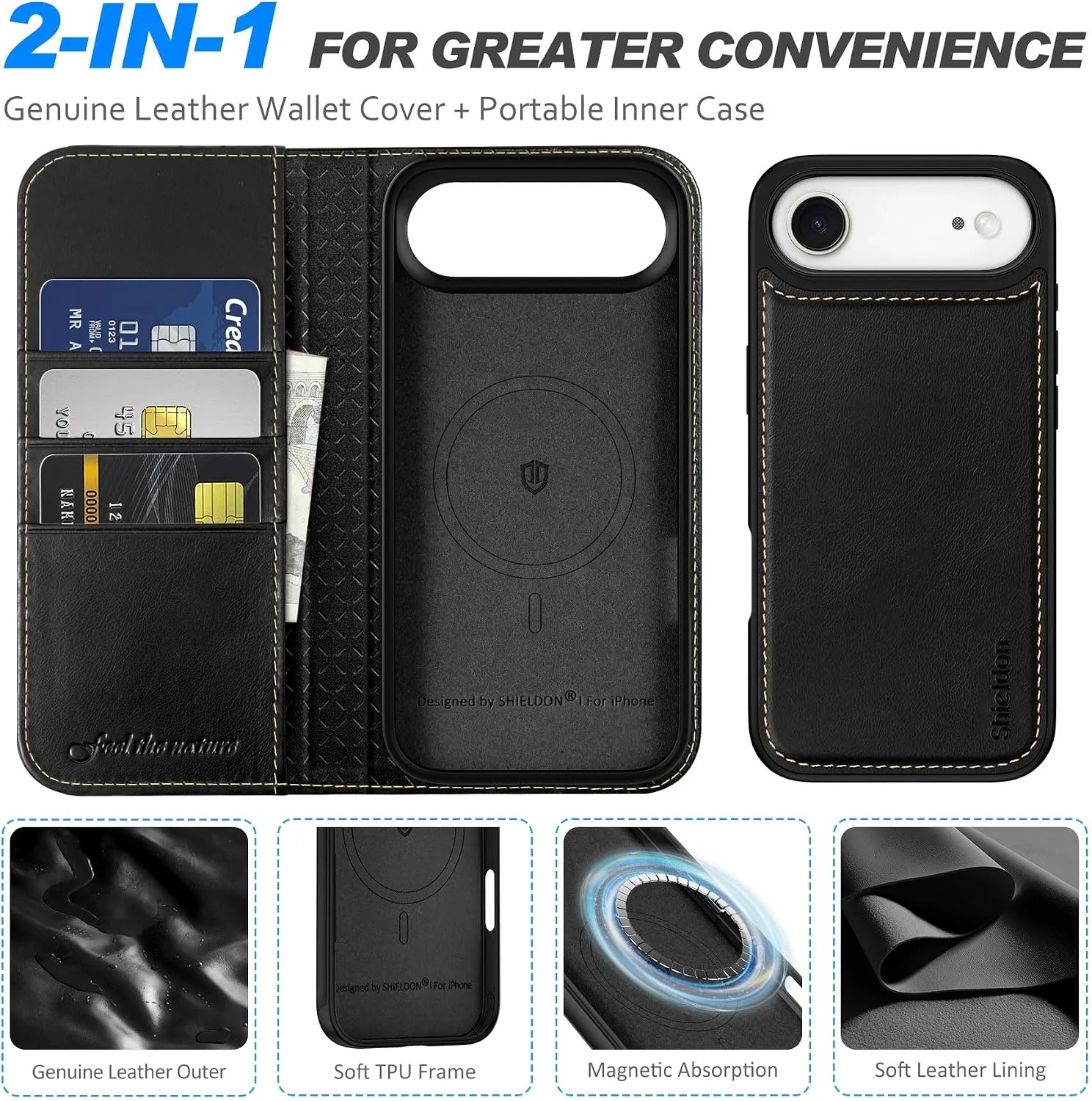 SHIELDON Removable Genuine Leather Wallet Case for iPhone Air, Retro Black