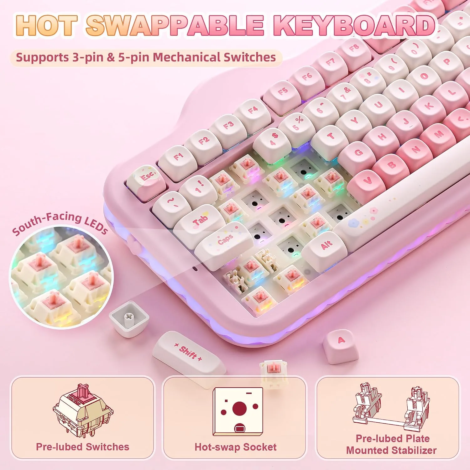 YUNZII C98 Cute Cake Wireless Mechanical Keyboard(Pink, Candy Switch)