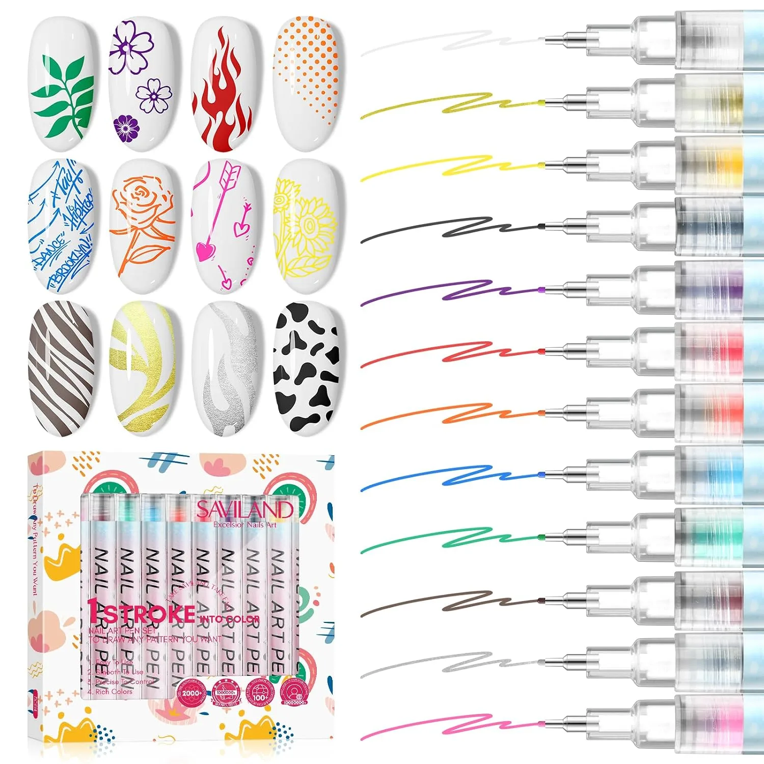 SAVILAND 12 Colors Nail Art Pens Set, 0.5mm Fine Tip Nail Polish Pens