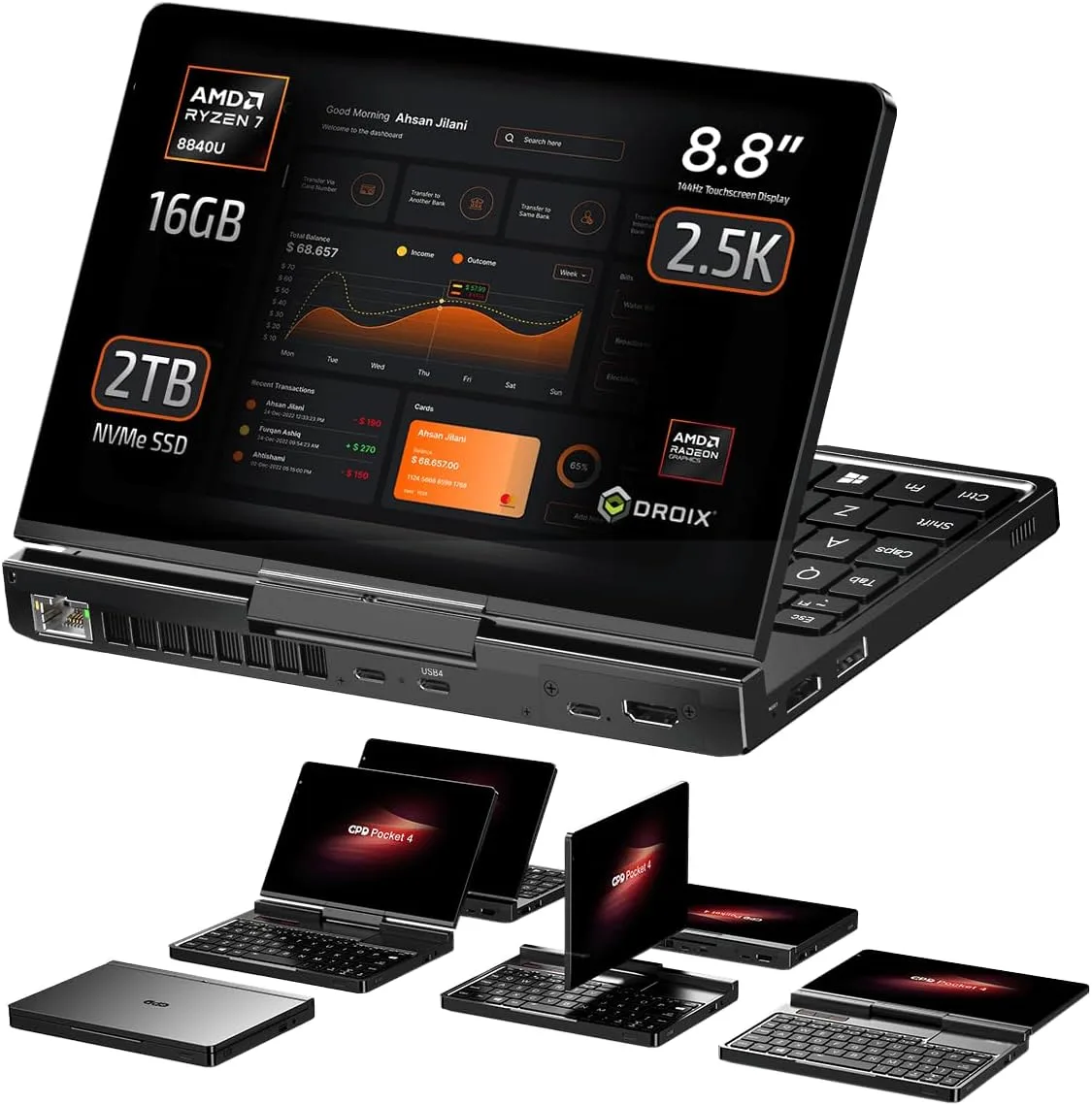 GPD Pocket 4: Mini Laptop with AMD Ryzen 7 8840U CPU, Radeon 780M GPU, 16GB LPDDR5X RAM, 2TB PCIe Gen4 SSD, 8.8 Inch 2.5K 144Hz Display, Wi-Fi 6E, Bluetooth 5.3, Modular AI Handheld PC