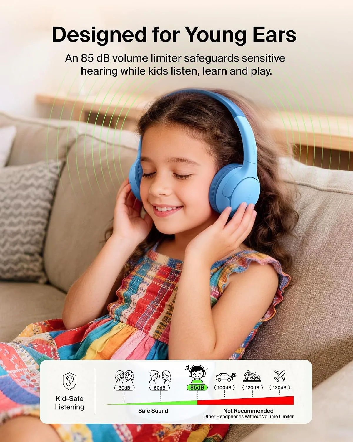 Belkin SoundForm Mini 2 Kids Headphones, Wireless & Wired, 55H Playtime