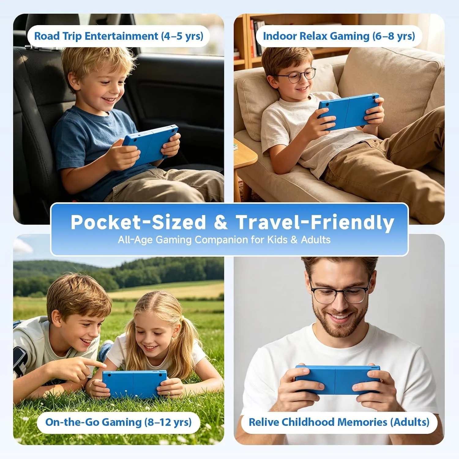 Handheld Game for Kids, 10 Preloaded Classic Retro Games, 3.0'' IPS Screen Portable Gaming Device, Rechargeable Video Game Player, Mini Arcade Travel Electronic Toy Gifts for Boys and Girls (Blue)