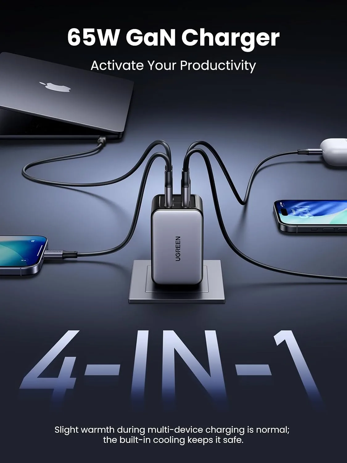 UGREEN Nexode 65W Wall Charger, 4-Port, GaN Fast Charging Block