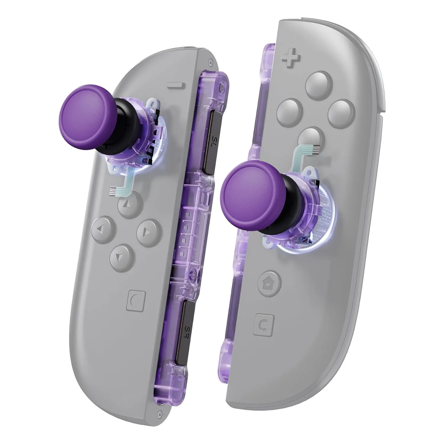 eXtremeRate Replacement 3D Joystick & Thumb Grips & Side Rail Shell Buttons for Nintendo Switch 2 JoyCon, Console Rail Stickers Left Right Analog Thumbsticks Caps for Switch 2 - Clear Atomic Purple