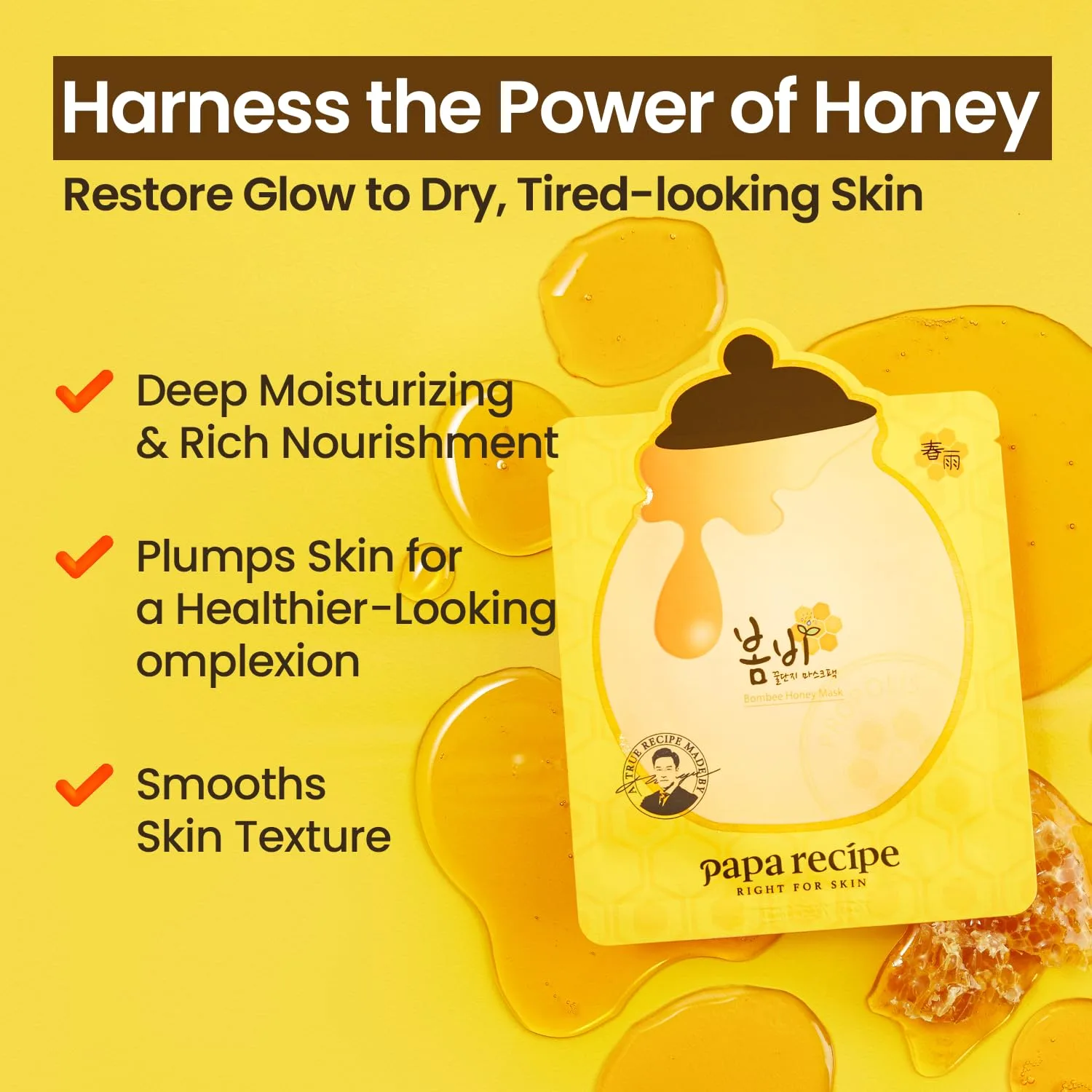 Papa Recipe Bombee Honey Mask Pack 25g * 10 sheets - Sheet Mask, Facial Skin Care, Deep Moisturizing Serum for Dry Skin - Korean Skin Care, K-Beauty, Ampoule Solidified, For radiant skin