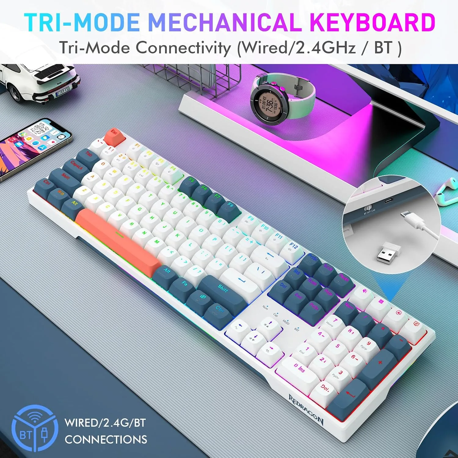 Redragon K668 PRO Wireless 108-Key Gasket RGB Gaming Keyboard, 4 Hotkeys