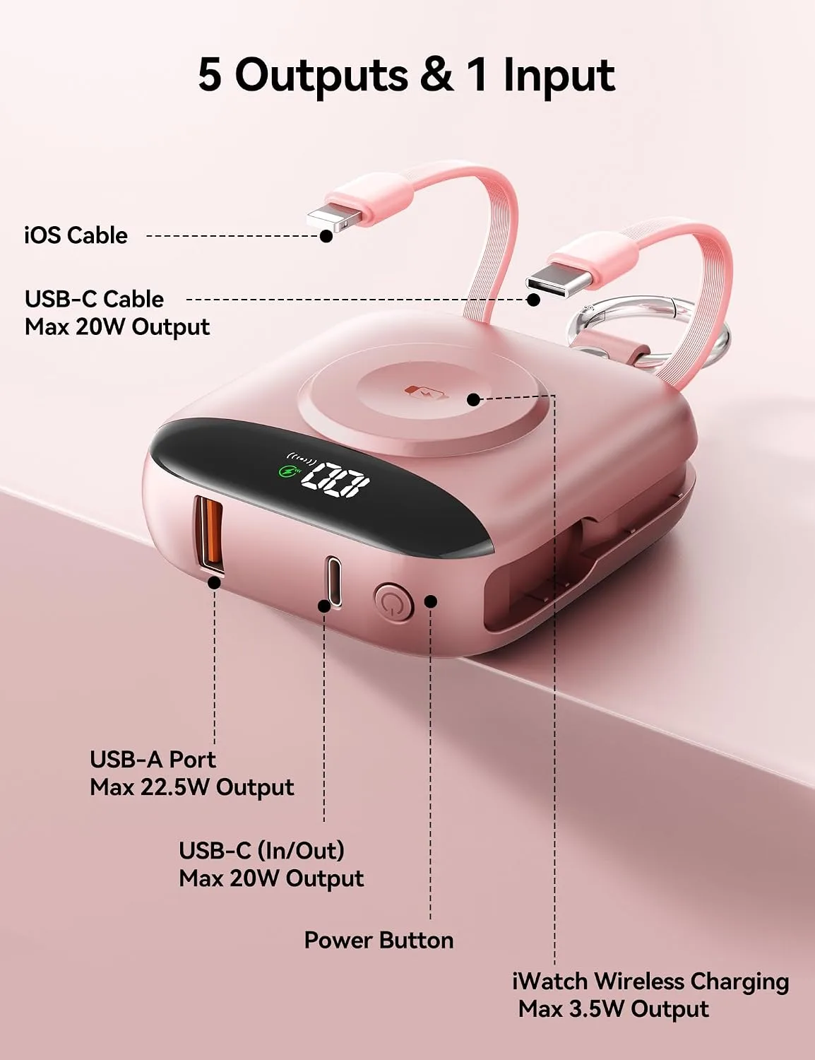 Portable Charger 10000mAh 22.5W Power Bank Built-in 2 Cables Keychain