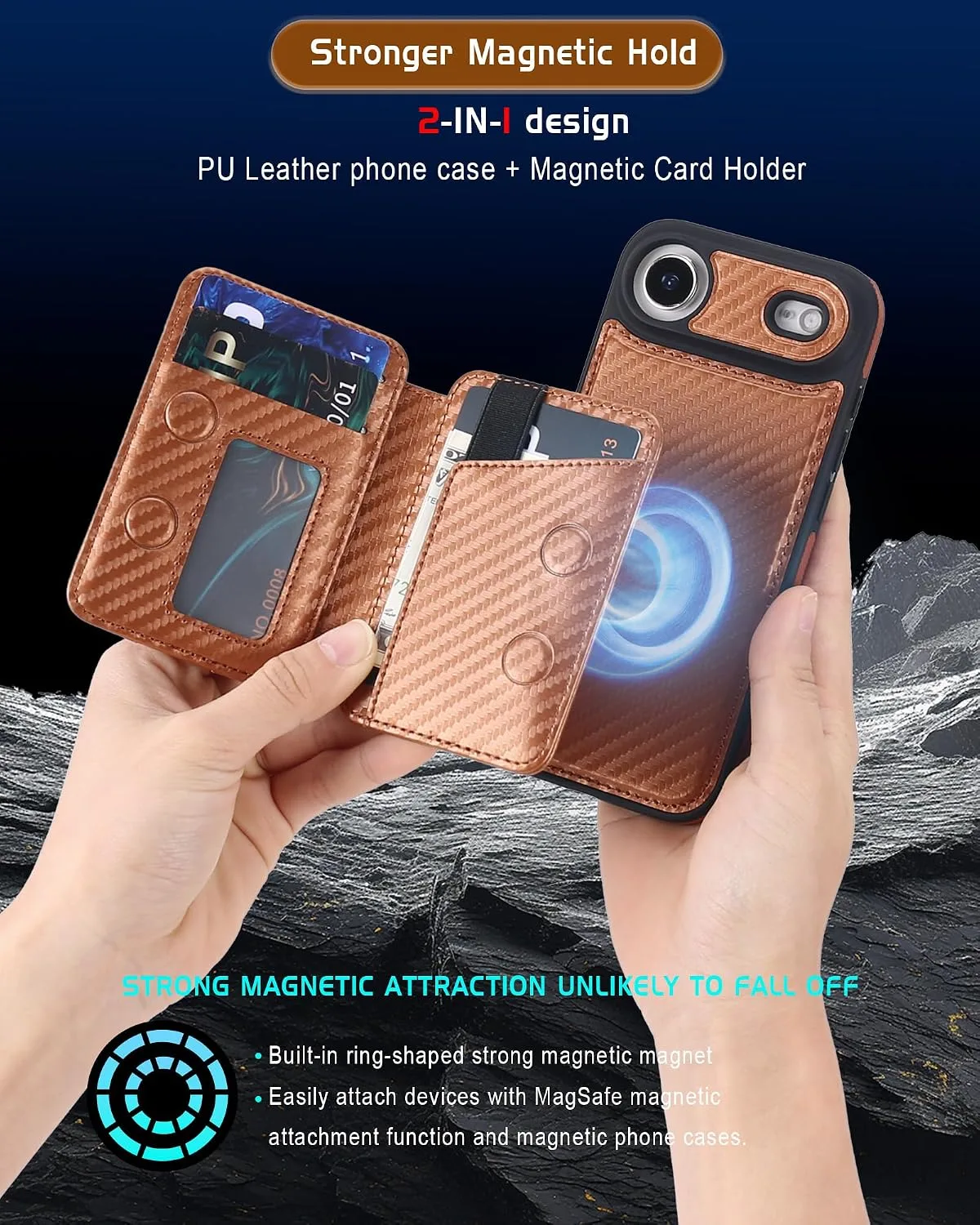Magnetic Detachable Wallet Case for iPhone 17 Air with Kickstand,2-in-1 MagSafe Compatible RFID Blocking Card Holder,Slim PU Leather Cover Carbon Coffee