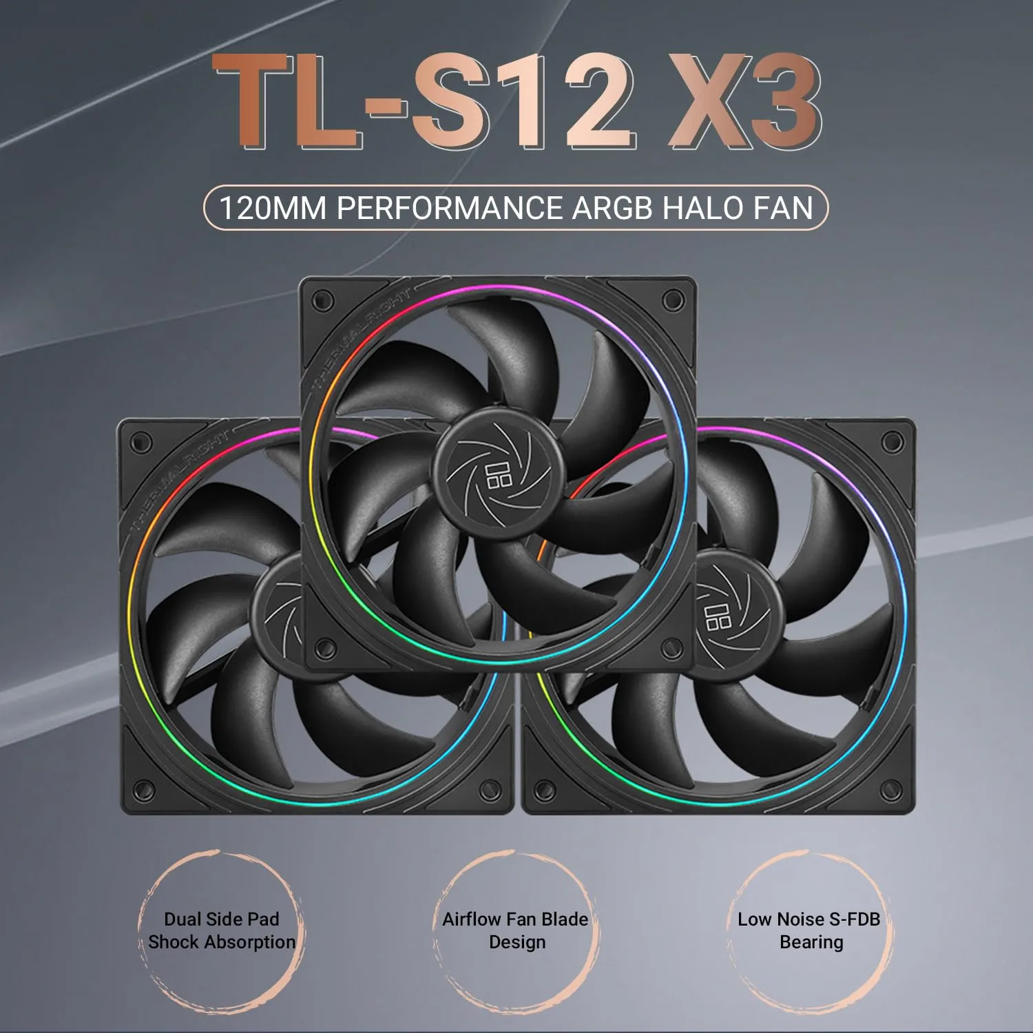 Thermalright TL-S12 CPU Fan 120mm Case Cooler Fan Comes with ARGB Lighting Effect,PC PWM Silent Computer Fan with 1500RPM Speed, CPU Cooling Fan Black(Black,3-Pack)