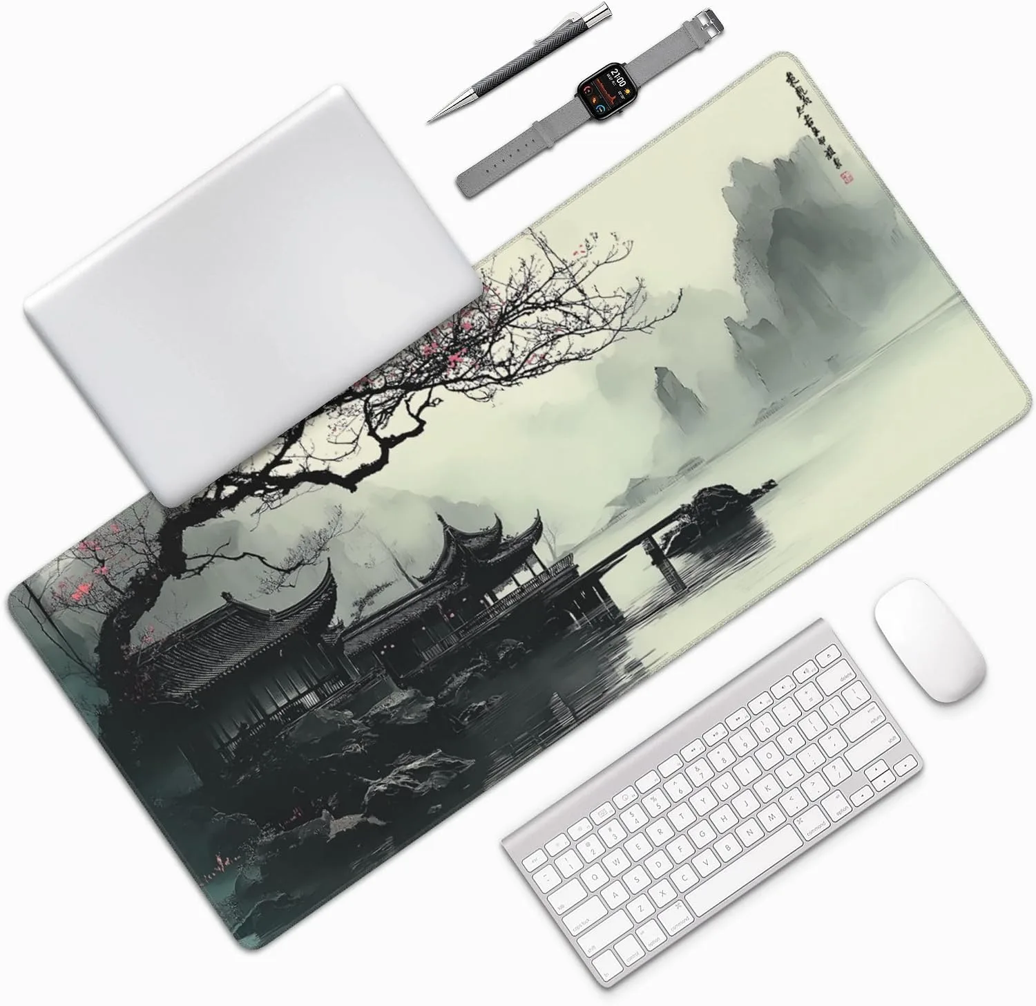 XL Extended Mouse Pad & Keyboard Desk Mat, Japanese Watercolor Cherry Blossom, Non-Slip Rubber Base, 35.4" x 15.7