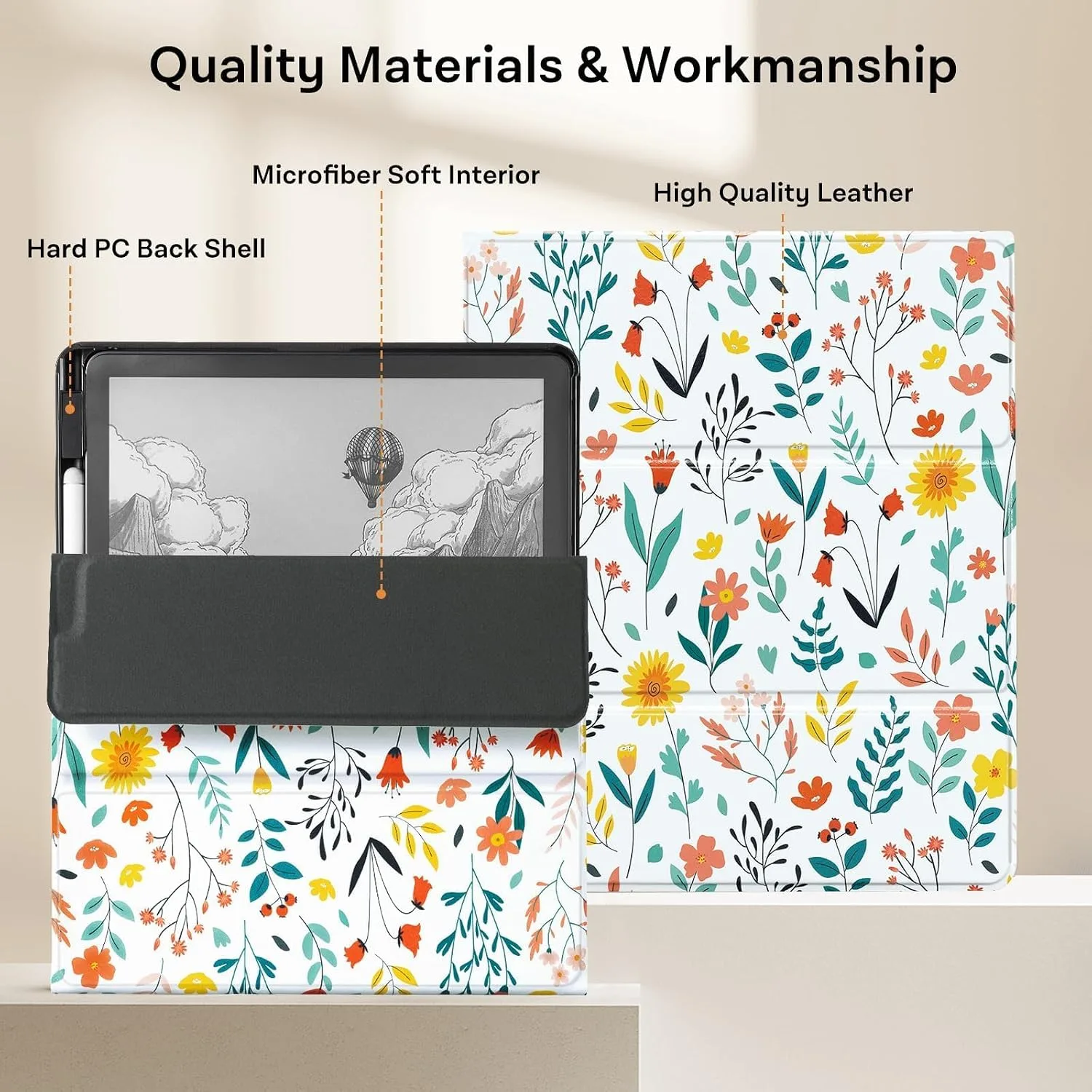 CoBak Case for 11" Kindle Scribe 3rd Generation 2025, Kindle Scribe Colorsoft with Two Viewing Angles - All New PU Leather Cover with Auto Sleep Wake, Pen Holder. Flower Sea