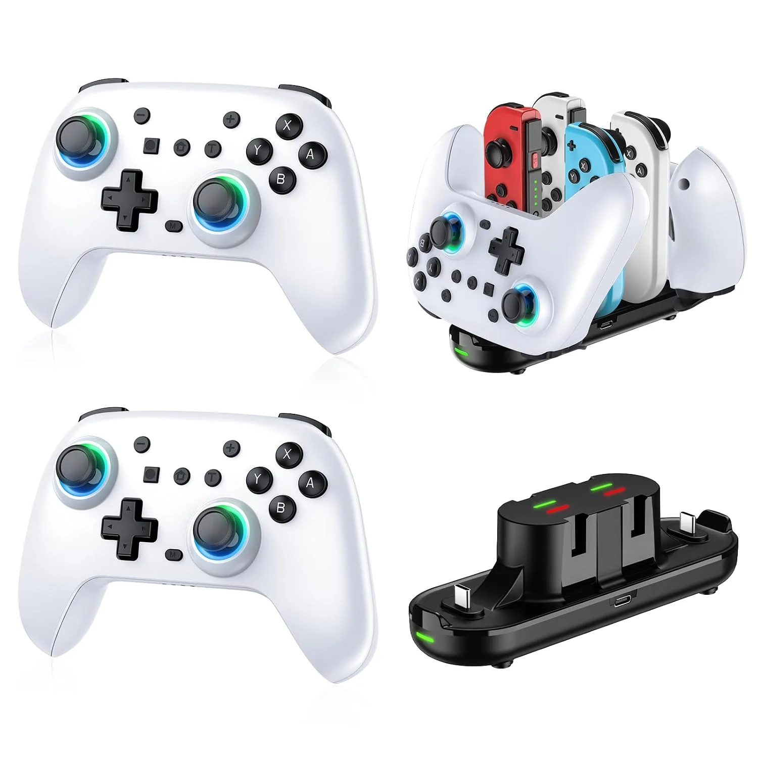 Fliresy Switch Controllers 2 Pack with Charging Dock, Switch 2 Controller for Nintendo Switch 1/2/OLED/Lite, RGB Wireless Switch 2 Pro Controller with Wake up/6-Axis Gyro/Dual Vibration/Turbo (White)
