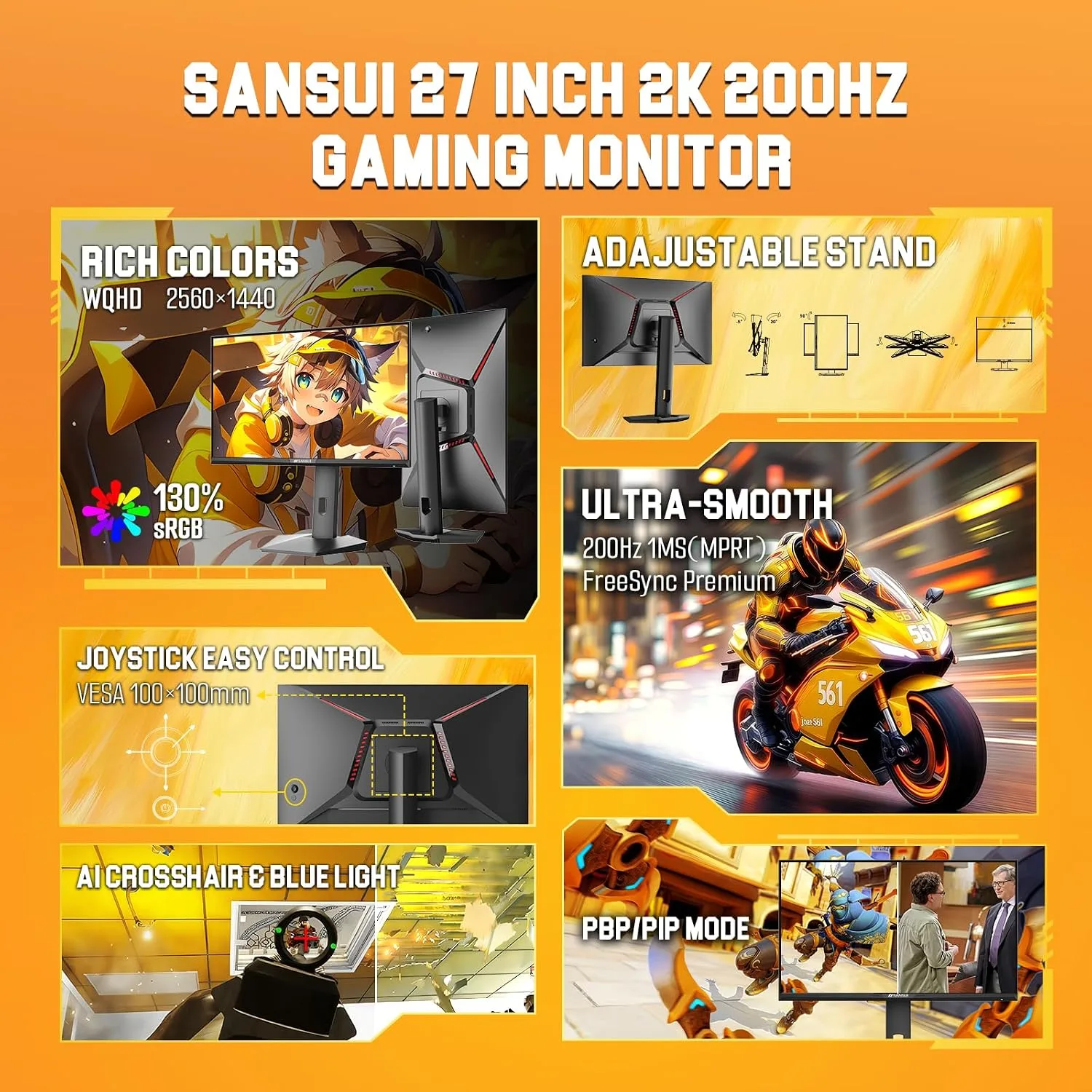 SANSUI Gaming Monitor 27 inch 1440p 200Hz 180Hz Computer Monitor