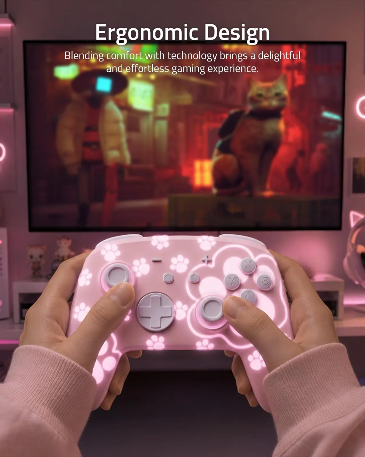 Cute Switch Pro Controller Wireless Compatible with Nintendo Switch 2/OLED/Lite, Grily Hall Effect Controller, Firefly Bluetooth Remote Gamepad Controles Pink with 7 LED Colors/Paddle/Turbo- Cat Paw Pattern