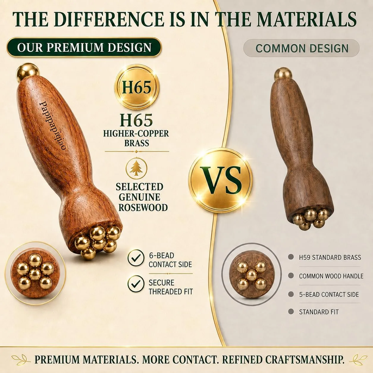 2 Pcs H65 Brass Face Massage Sticks with Rosewood Handles, Eye Rollers