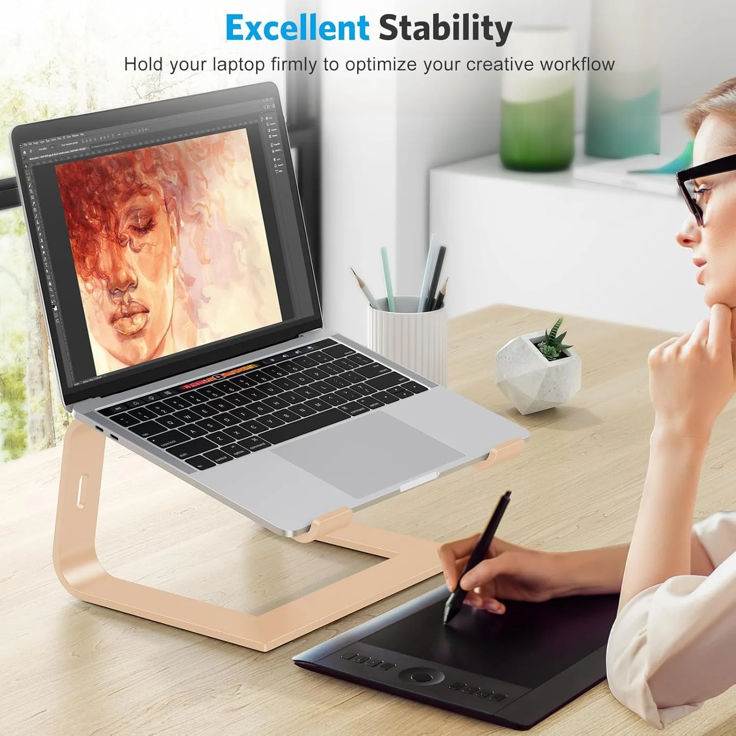 OMOTON Laptop Stand, Detachable Laptop Mount, Aluminum Laptop Holder Stand for Desk, Compatible with MacBook Air/Pro, Dell, HP, Lenovo and All Laptops (11-16 inch), Gold
