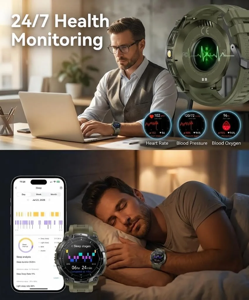 Military Smart Watch for Men, Built-in GPS, Bluetooth Call, 3ATM Waterproof