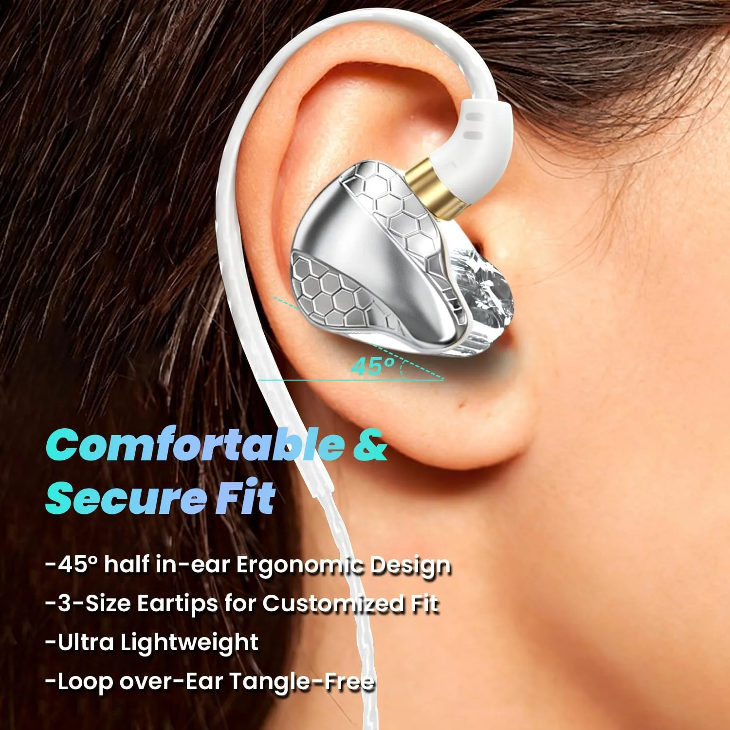 3.5mm Fixed Cable IEM, HiFi Wired Earbuds with Mic, Gaming Earbuds,Silver